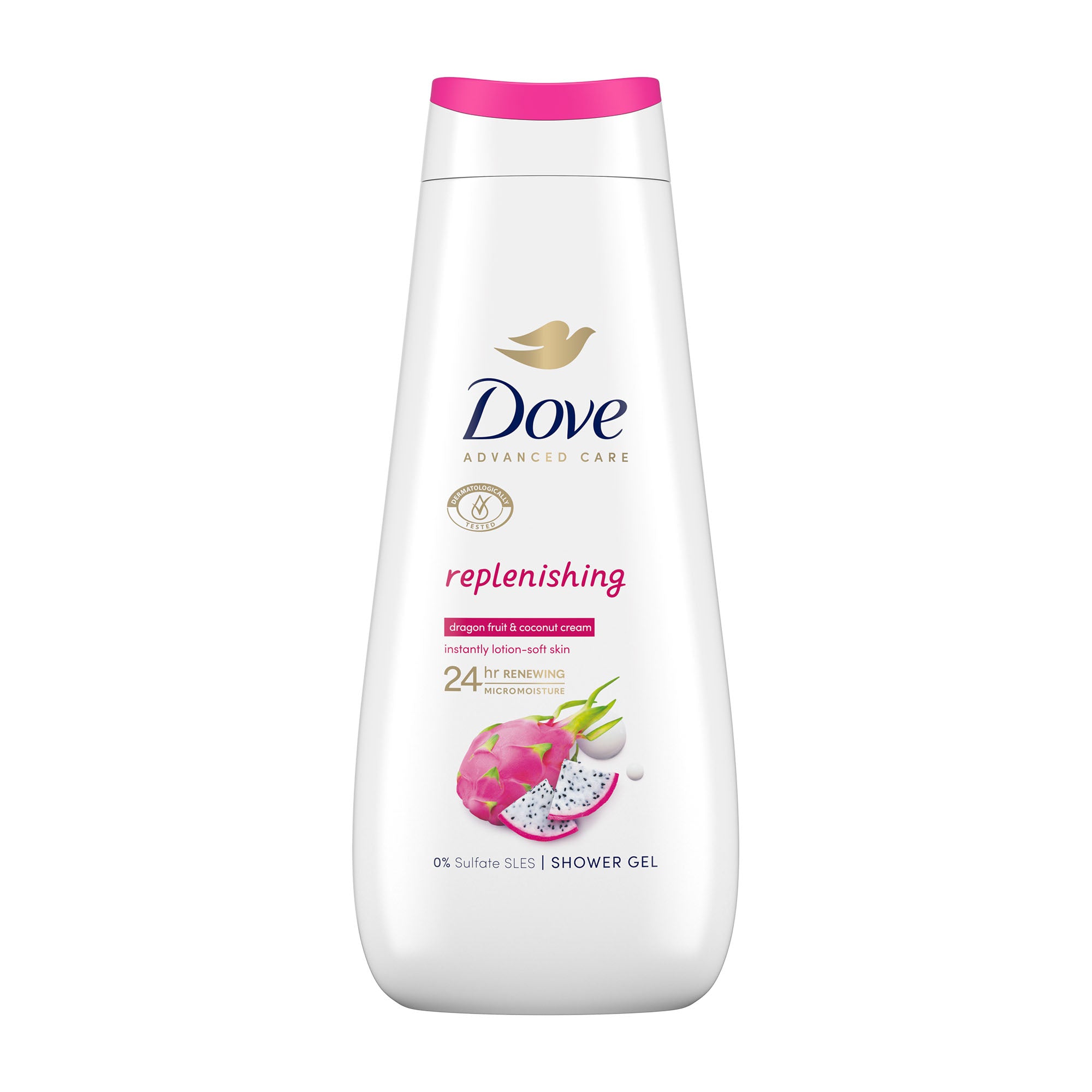 Dove replenishing shower gel bottle on a white background