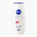 A 250ml bottle of Nivea Rose & Almond Oil shower gel on a light gray background.