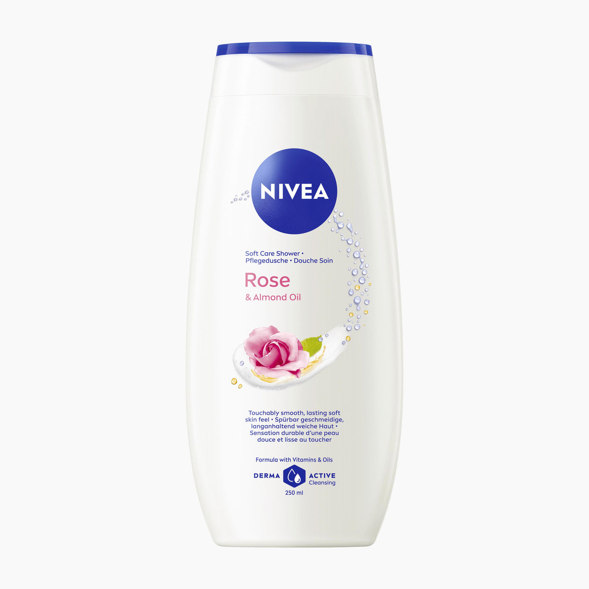 A 250ml bottle of Nivea Rose & Almond Oil shower gel on a light gray background.