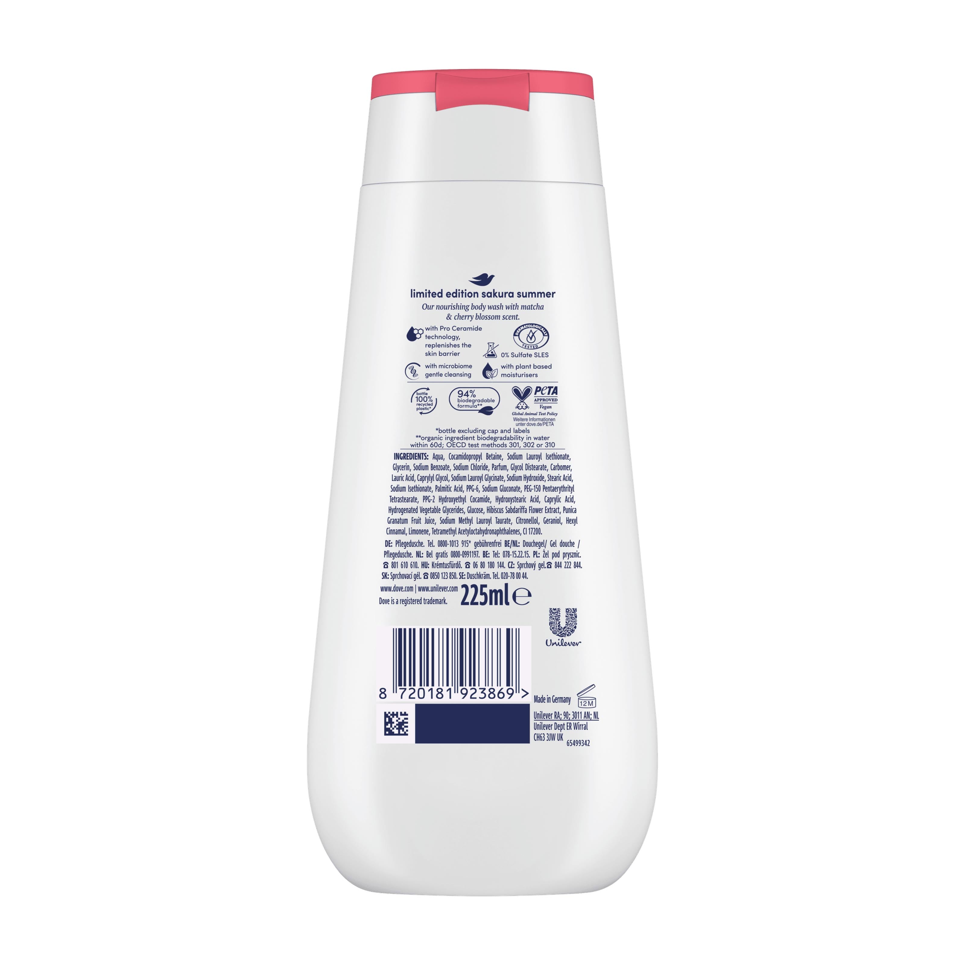 Back view of Dove Sakura Summer limited edition body wash bottle on a white background