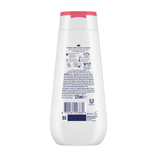 Back view of Dove Sakura Summer limited edition body wash bottle on a white background