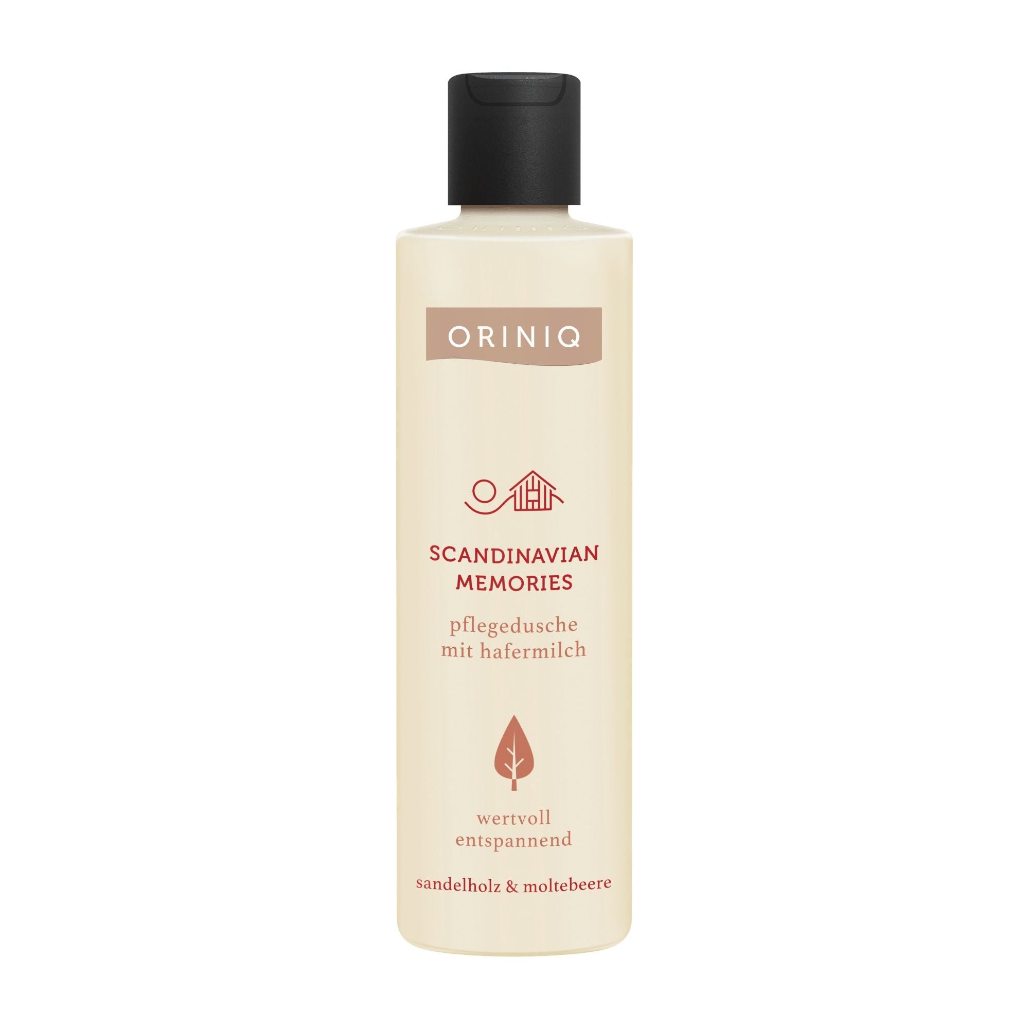 A beige bottle of ORINIQ Scandinavian Memories shower cream with sandalwood and cloudberry fragrance, 250 mL.