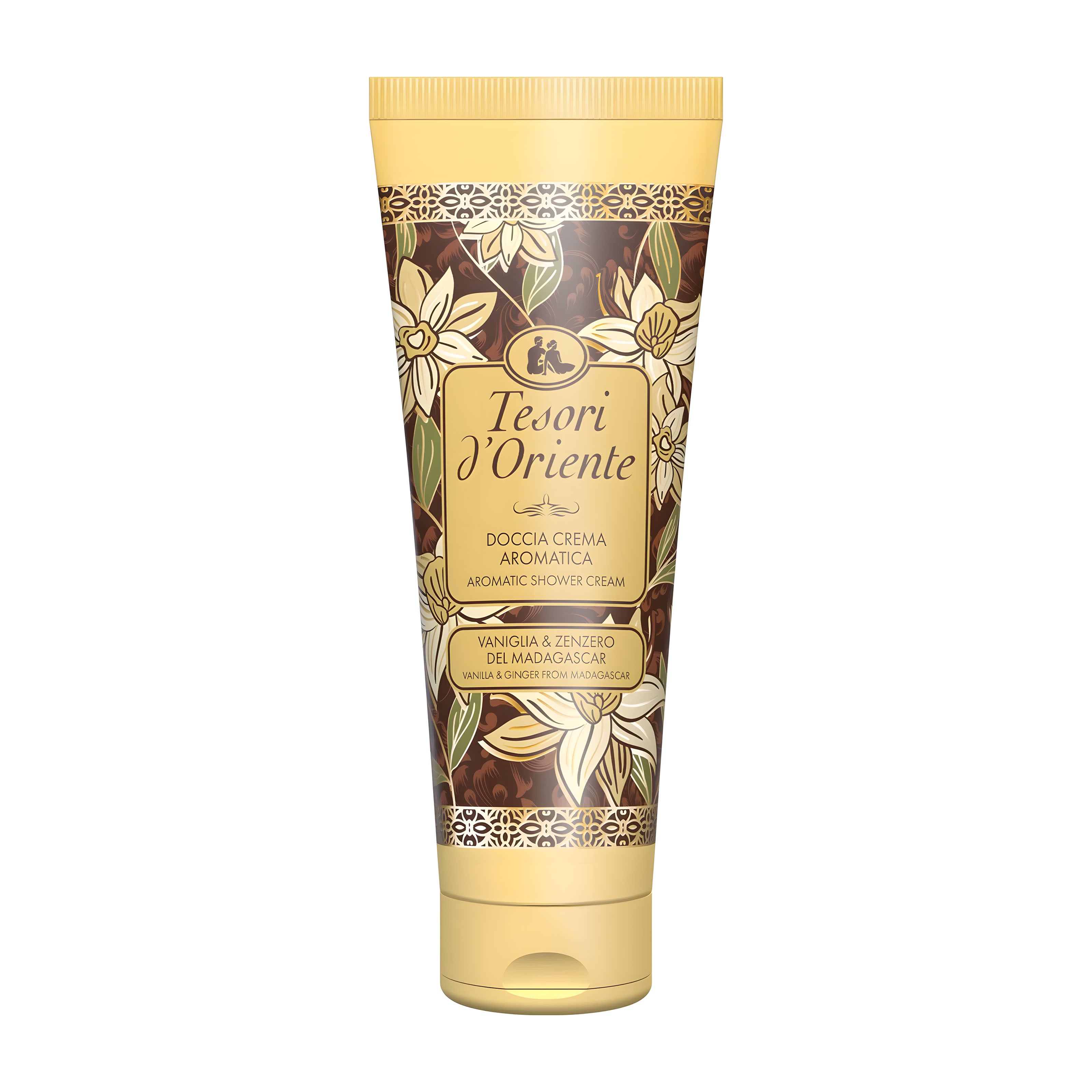 Tube of Tesori d'Oriente Vanilla & Ginger from Madagascar aromatic shower cream on a white background