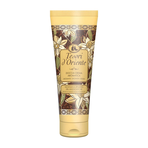 Tube of Tesori d'Oriente Vanilla & Ginger from Madagascar aromatic shower cream on a white background