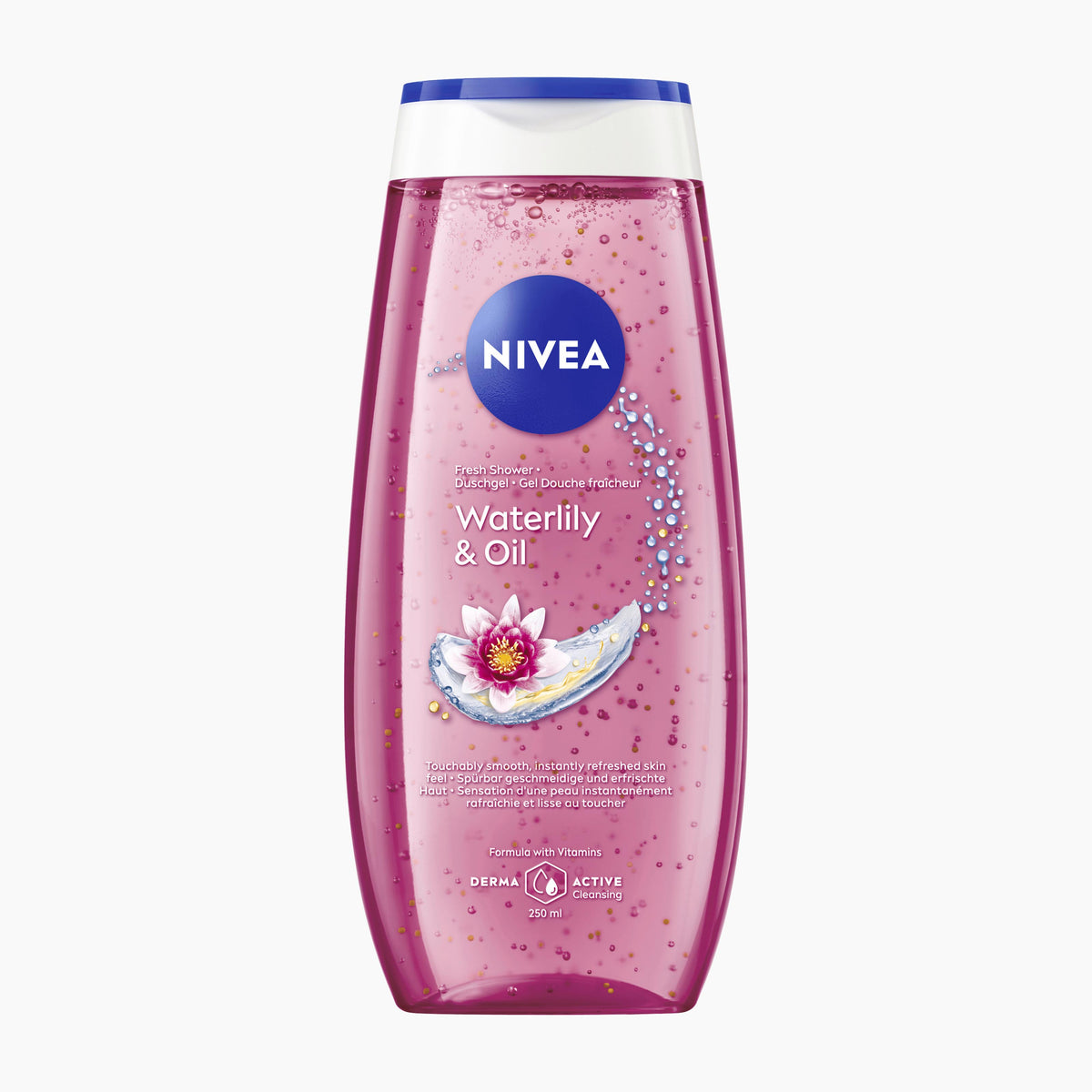 A 250ml bottle of Nivea Waterlily & Oil shower gel on a light gray background.