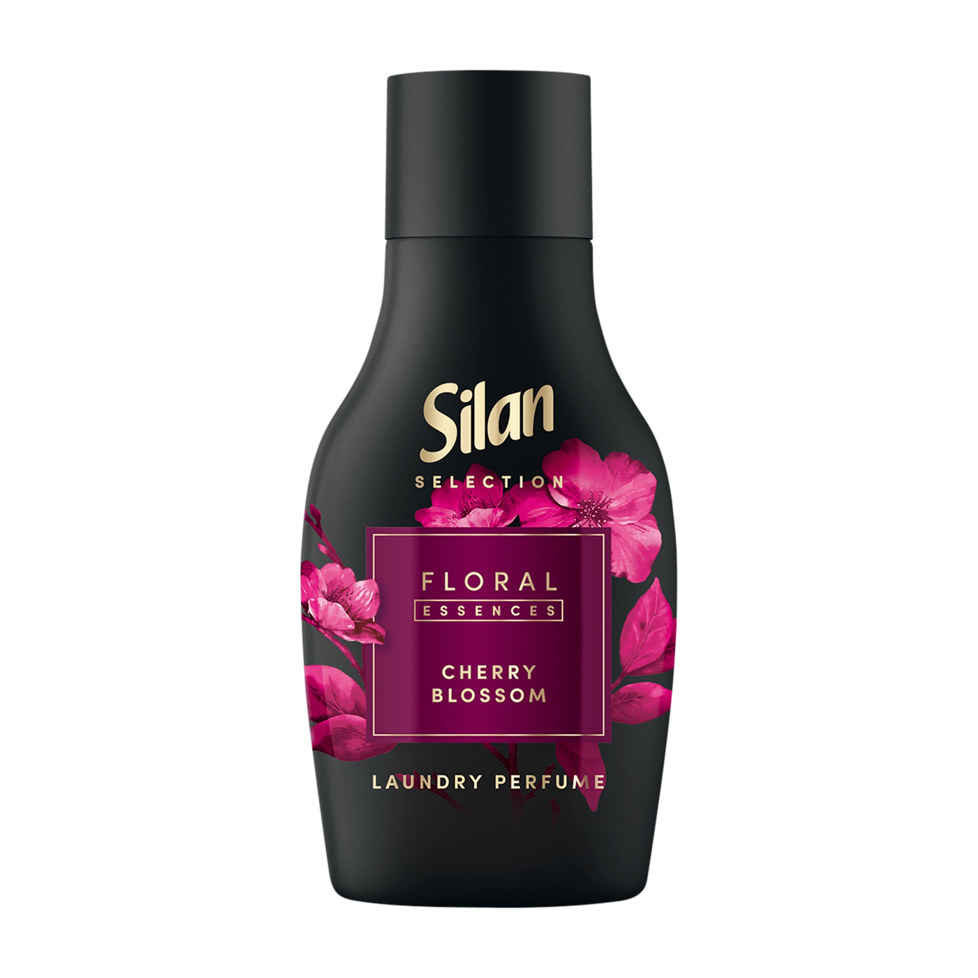 Black bottle of Silan Cherry Blossom laundry perfume with floral design on a white background