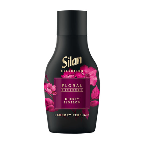 Black bottle of Silan Cherry Blossom laundry perfume with floral design on a white background