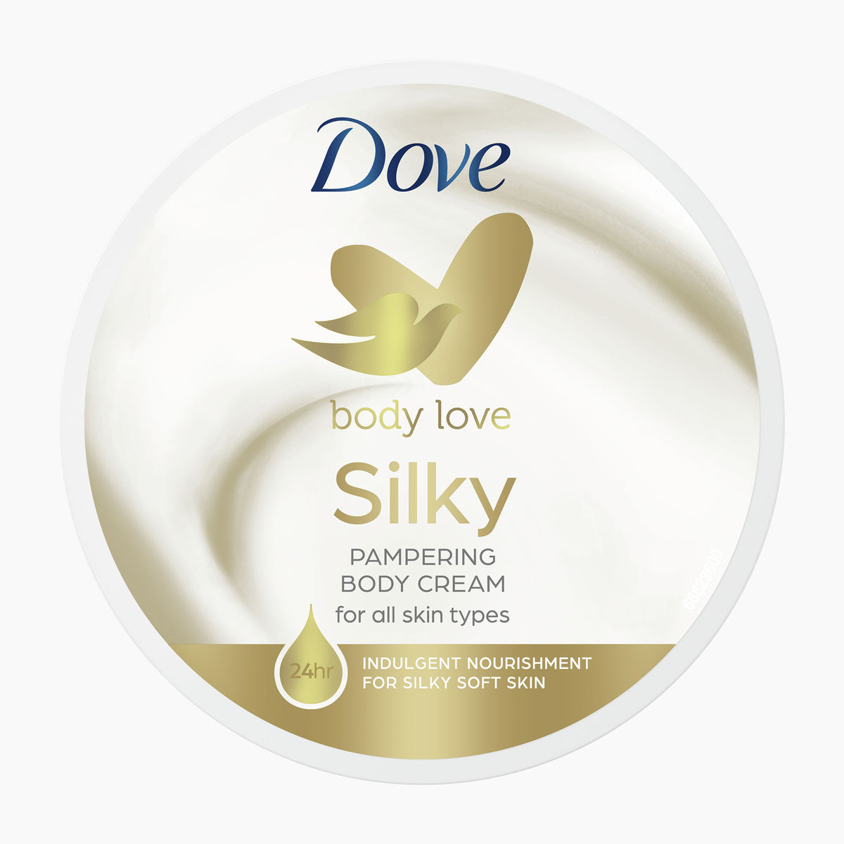 A jar of Dove Body Love Silky Pampering Body Cream with gold and blue branding on a clean white background.