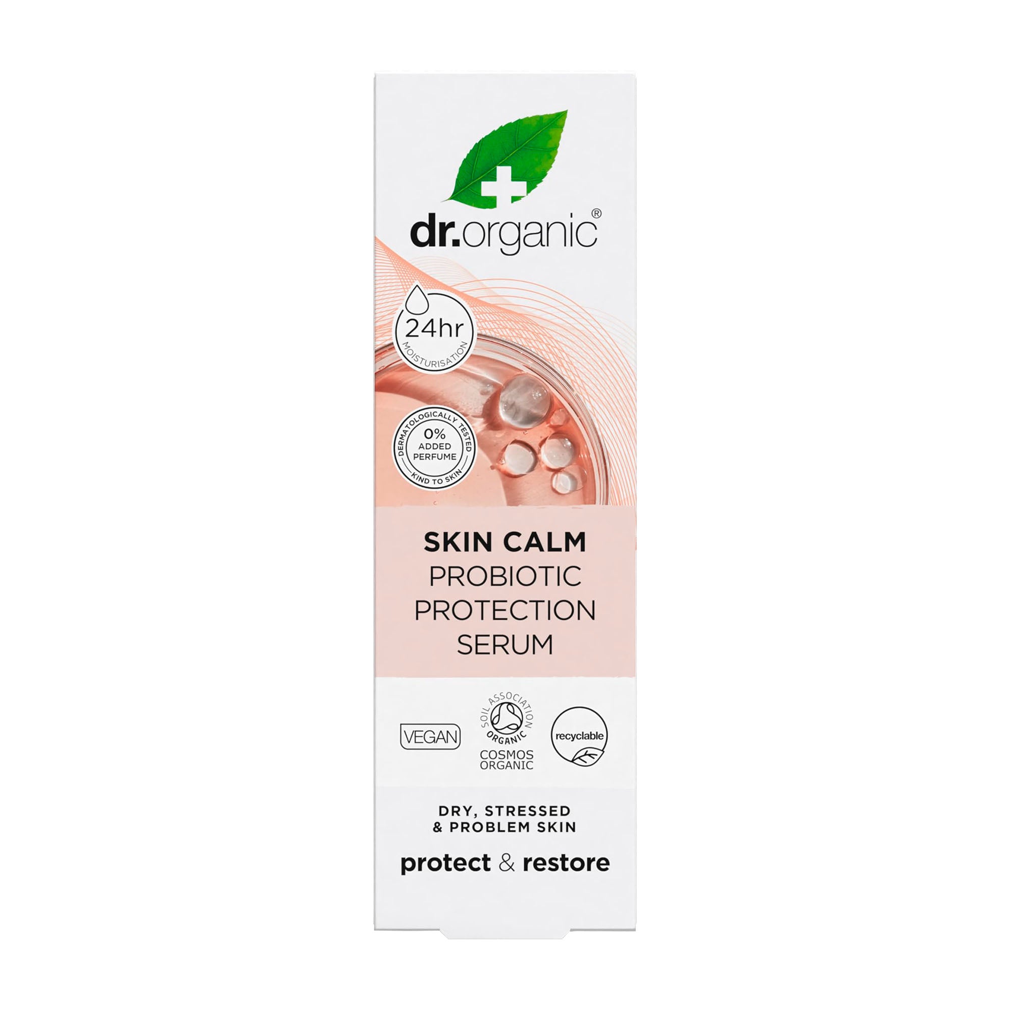 Dr. Organic Skin Calm Probiotic Protection Serum packaging on a white background
