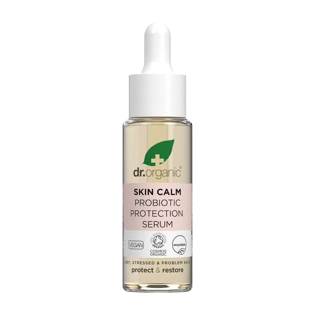 Dr. Organic Skin Calm Probiotic Protection Serum bottle on a white background