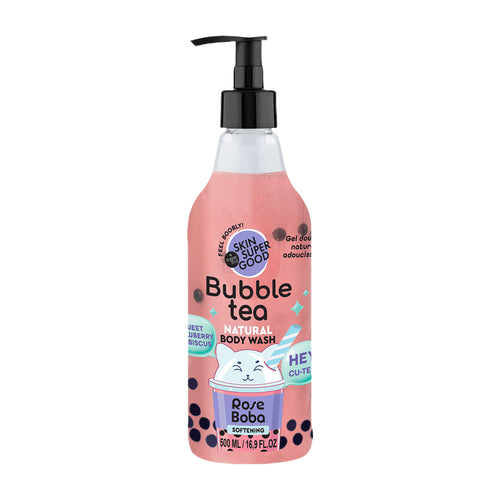 Pink bottle of Skin Super Good Bubble Tea Rose Boba softening body wash with a pump on a white background