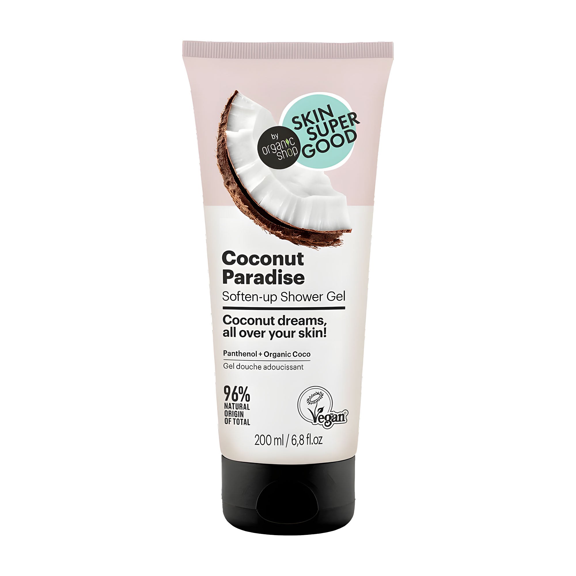 Tube of Skin Super Good Coconut Paradise Shower Gel on a white background.