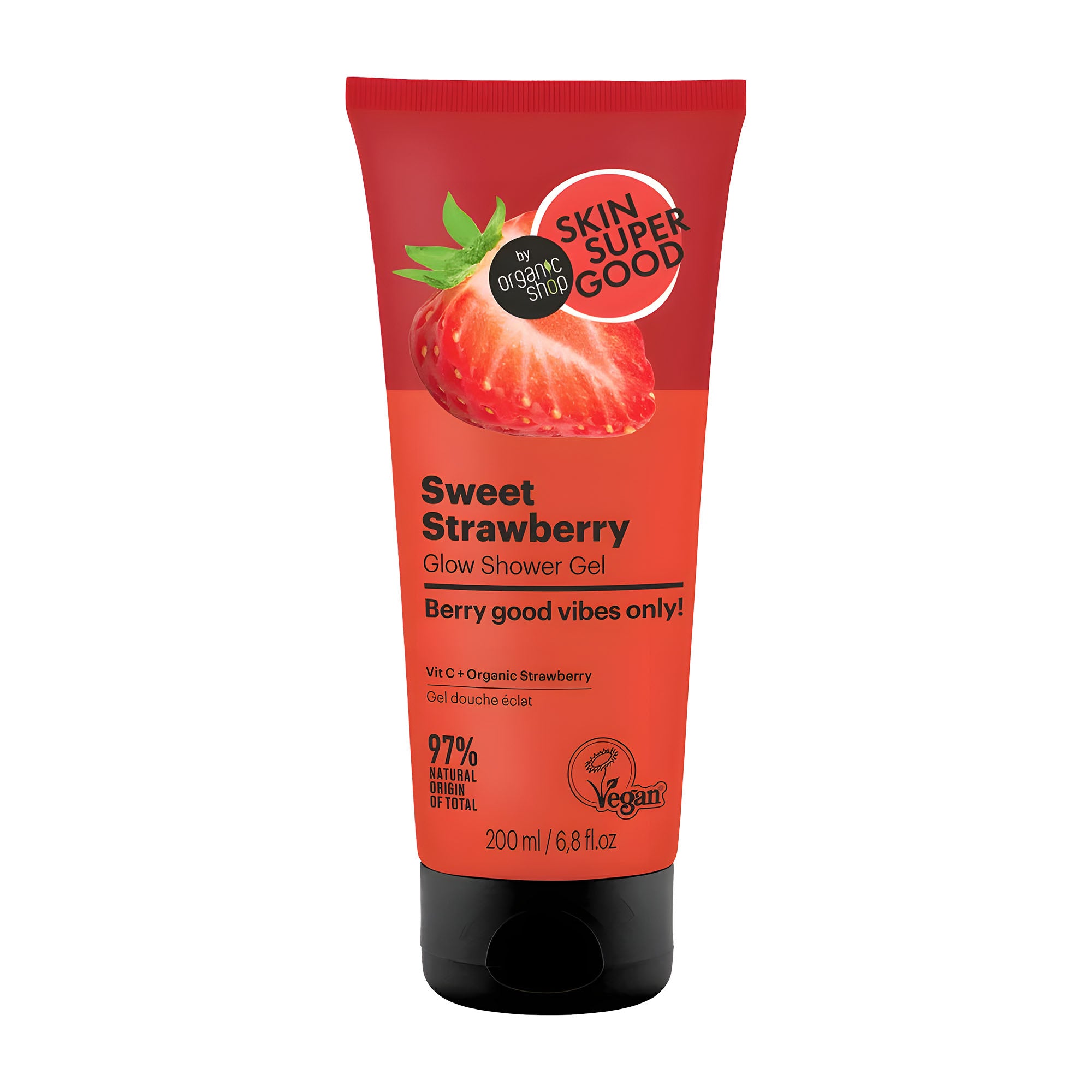 Red tube of Skin Super Good Sweet Strawberry Glow Shower Gel on a white background