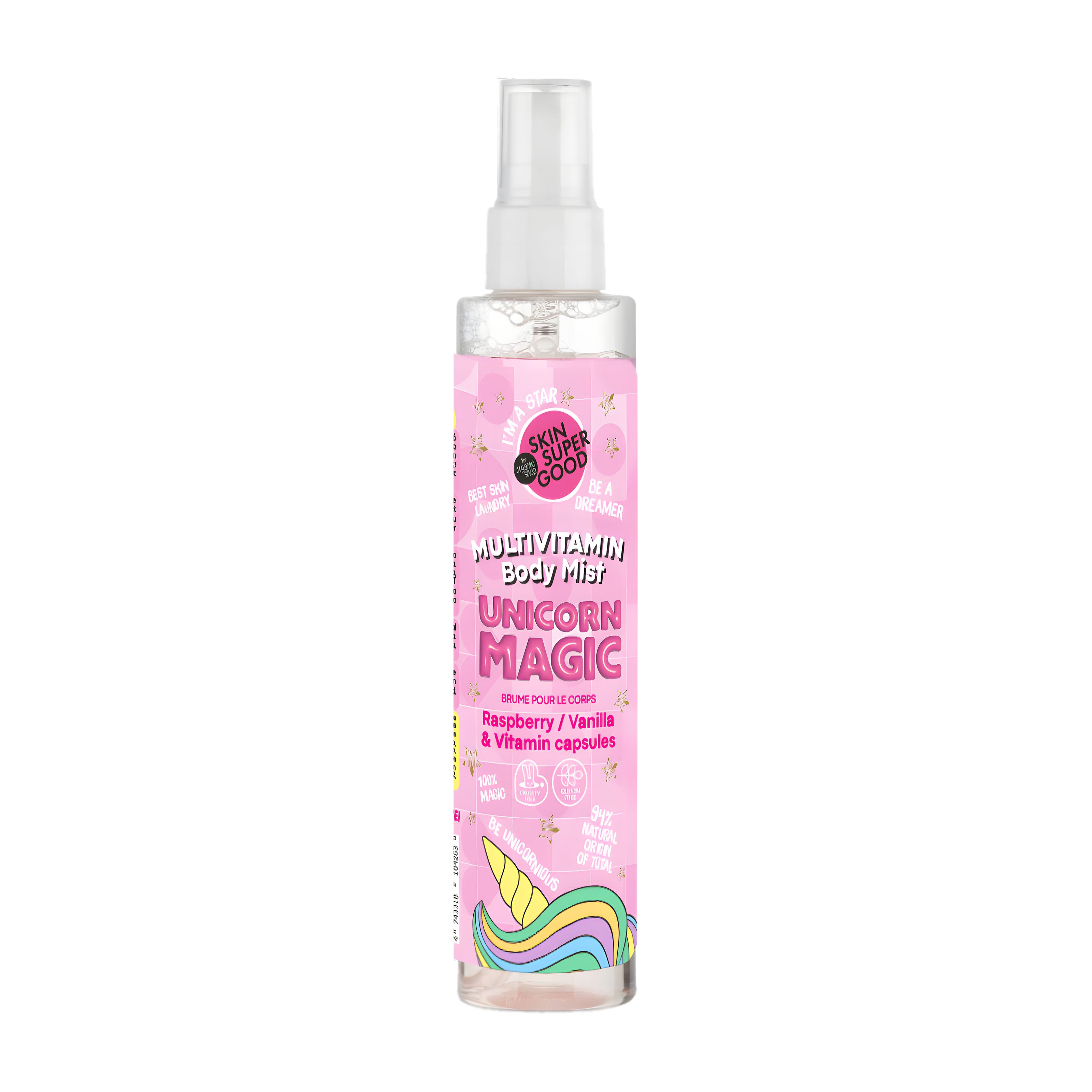 Skin Super Good Unicorn Magic multivitamin body mist with a unicorn design on a white background