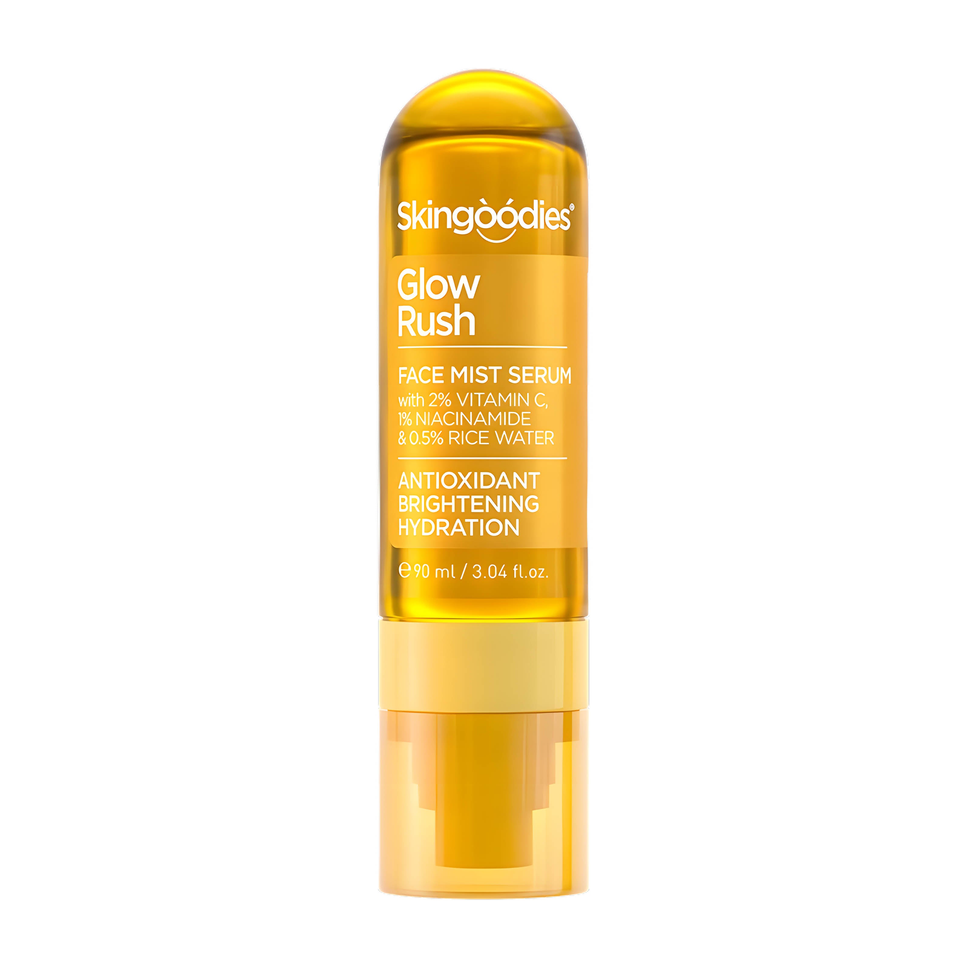 Skingoodies Glow Rush Face Mist Serum in a translucent amber-yellow bottle with a matching cap, shown on a solid white background.