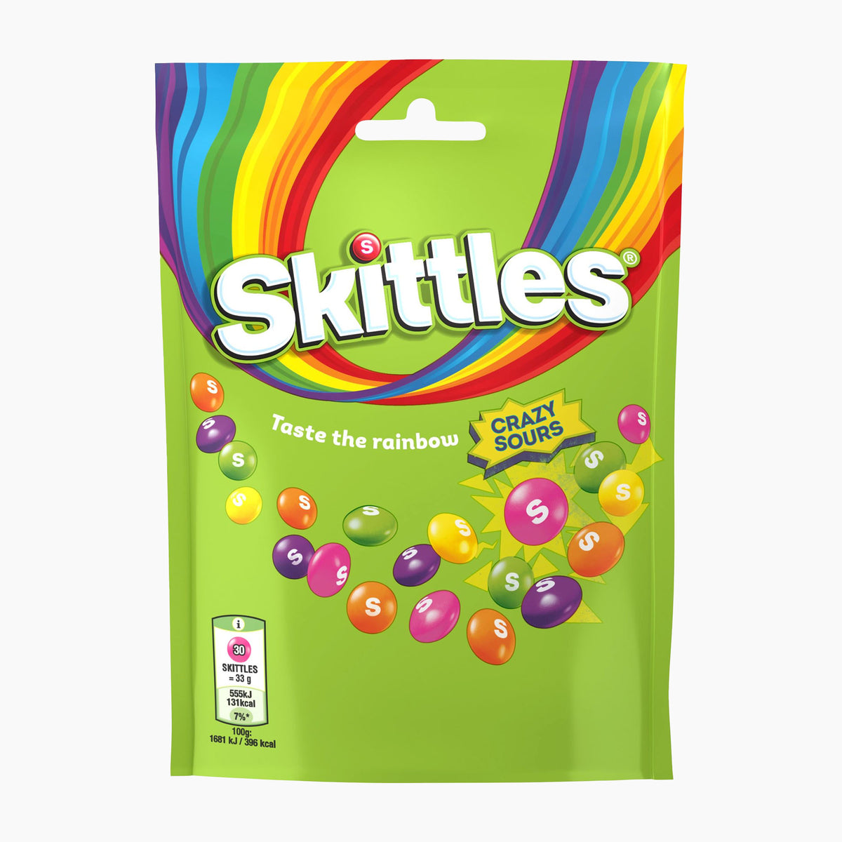 A bag of Skittles Crazy Sours candy in a bright lime green package with a rainbow graphic and colorful Skittles candies illustrated on the front.