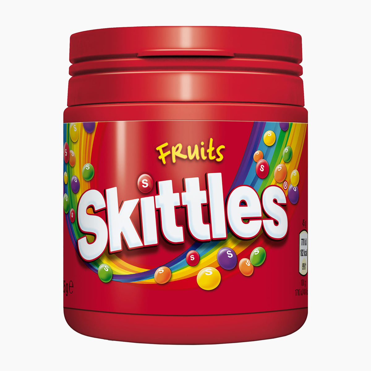 A red plastic jar of Skittles Fruits candy, featuring the classic colorful label with the white Skittles logo and multicolored candy graphics, set against a plain white background.