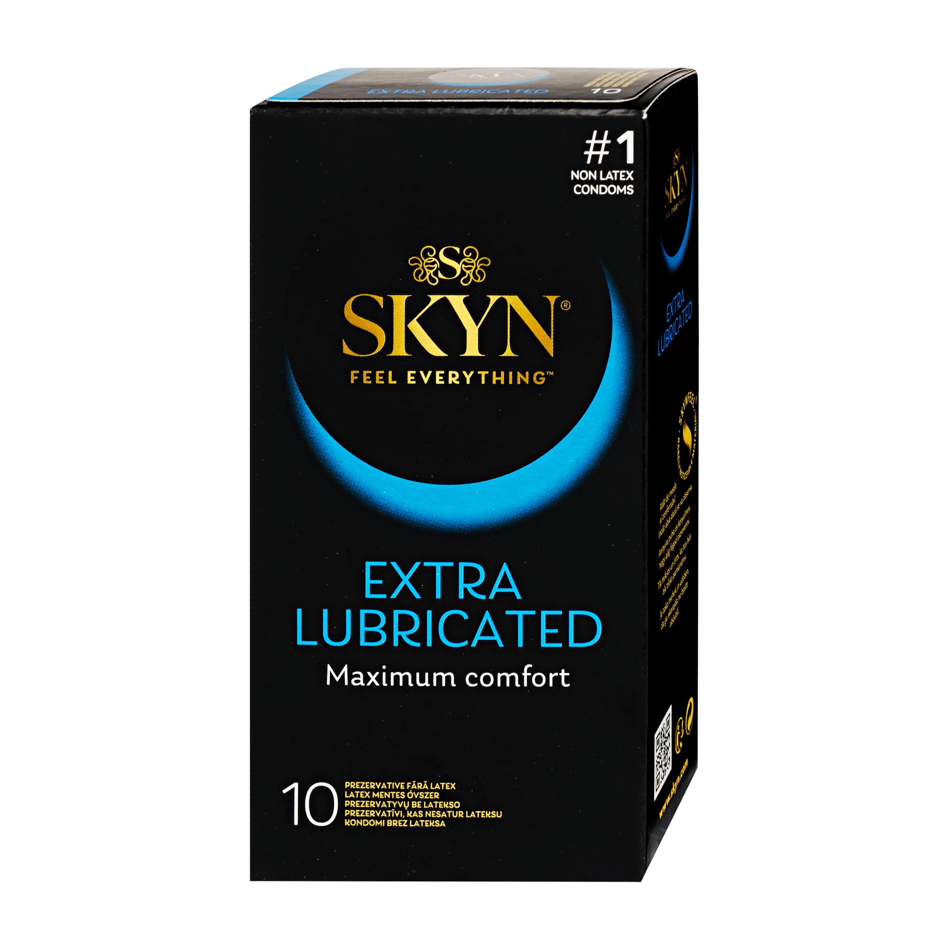 Skyn Extra Lubricated latex-free condoms packaging on a white background
