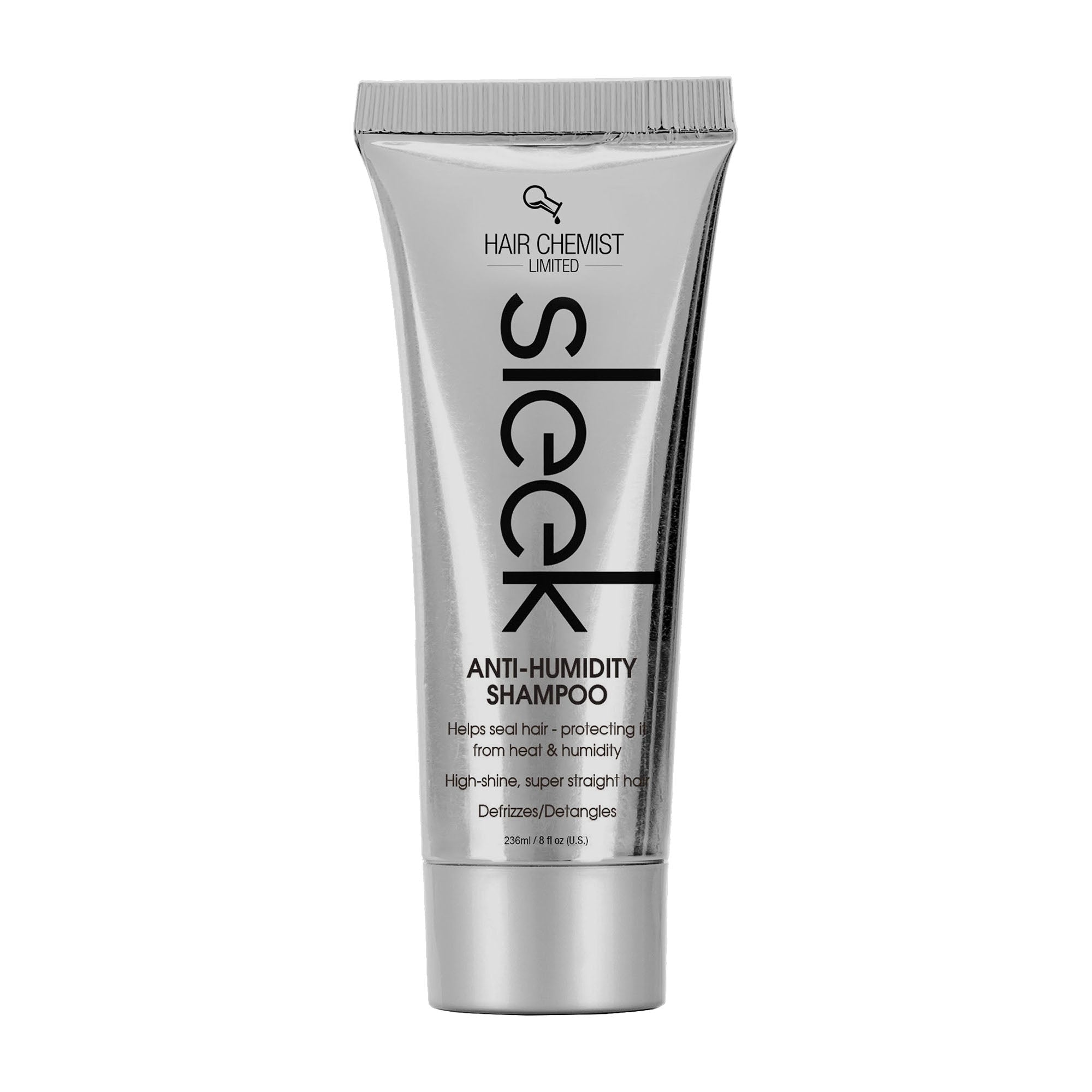 A tube of Hair Chemist sleek Anti-humidity shampoo, 236 mL, with white and silver color scheme.