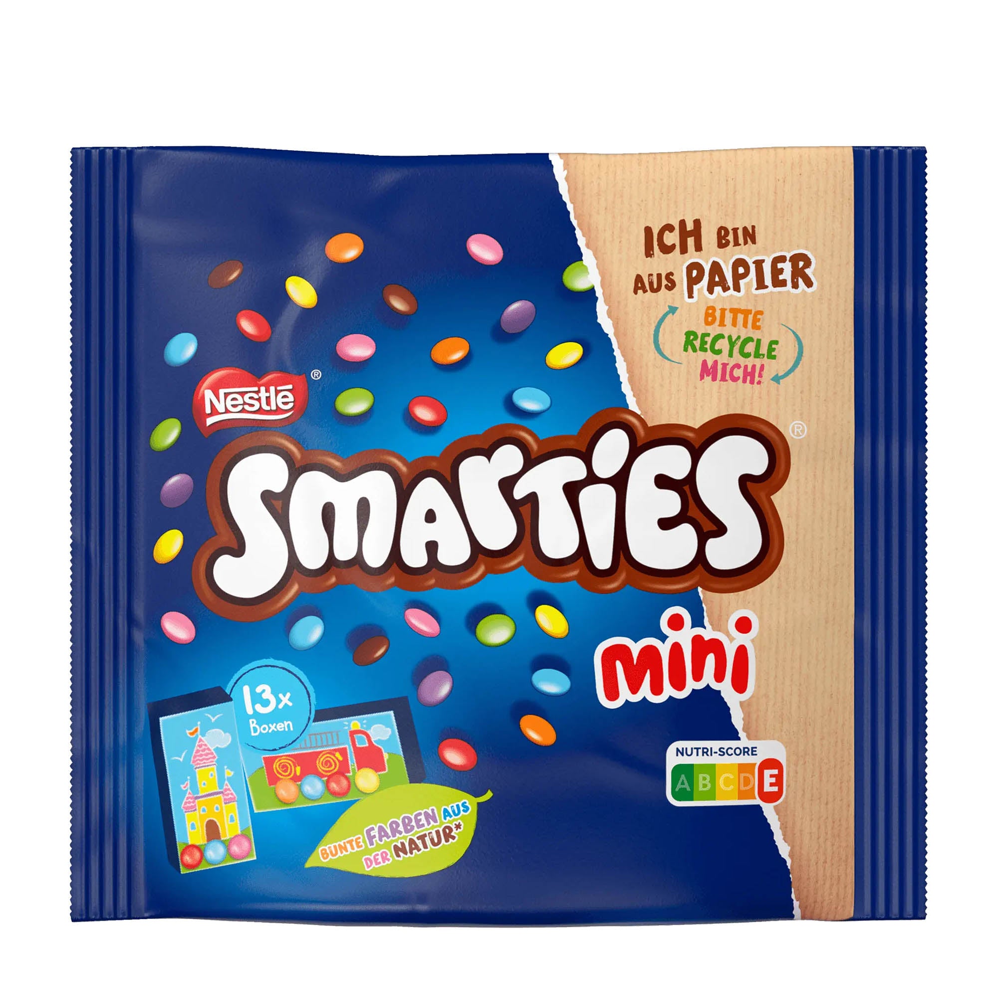 A package of Nestle Smarties Mini chocolate lentils, showing the product name and a variety of colorful chocolate pieces on a blue background. The package indicates that it is made with sugar, has 13 portions, and is suitable for ages 3 and up.