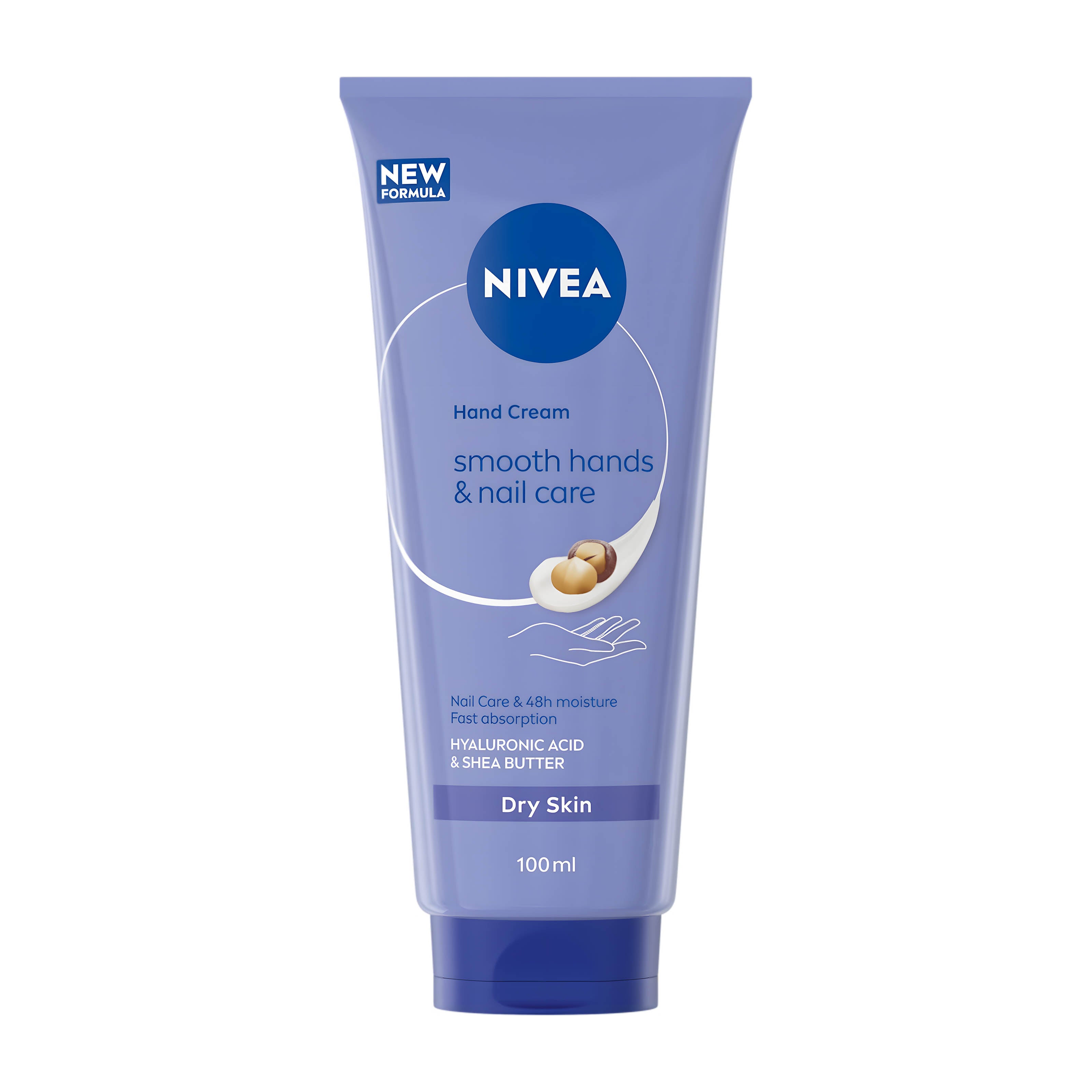 Nivea Smooth Hands & Nail Care hand cream tube on a white background.