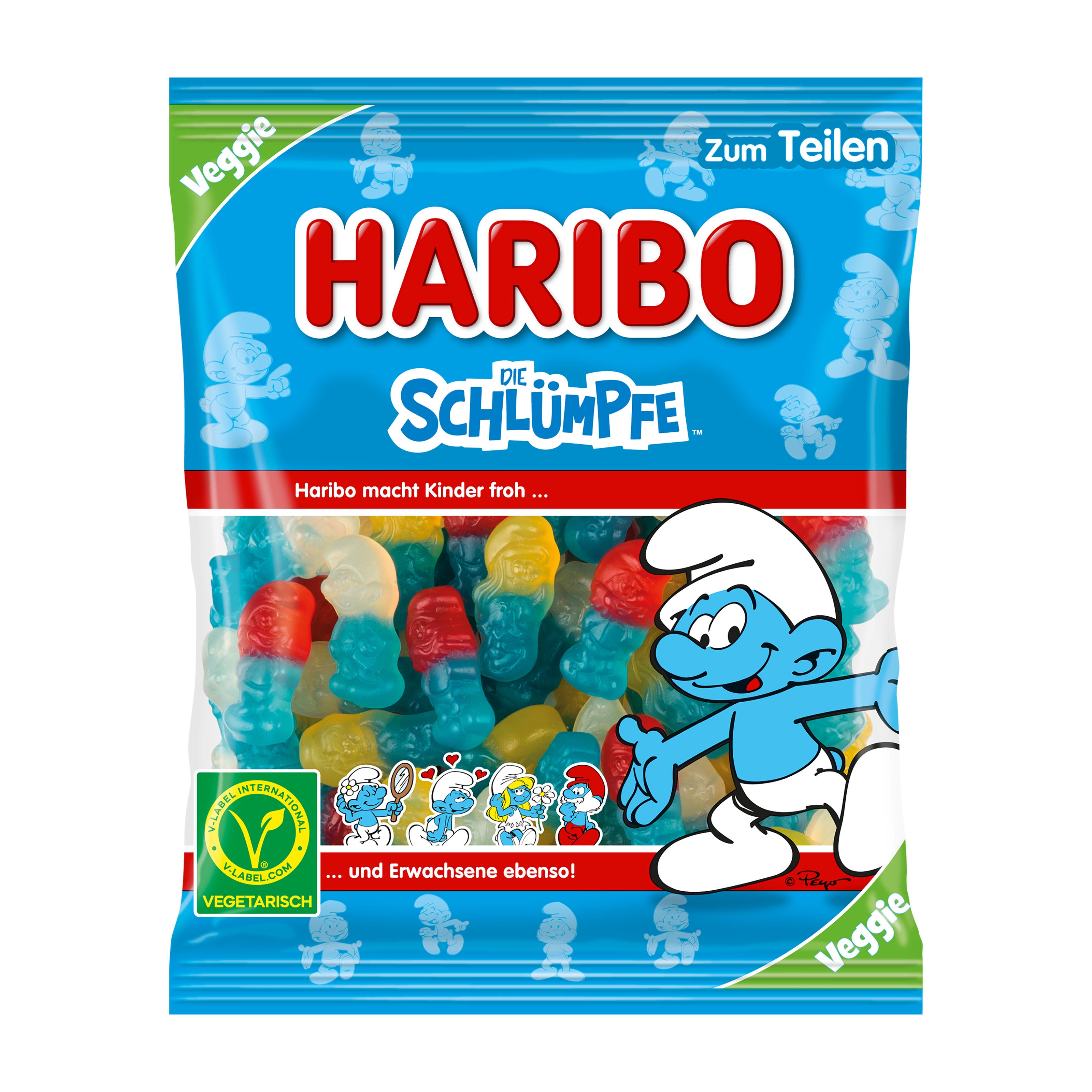Haribo Smurfs gummy candy package with Smurf character on a white background