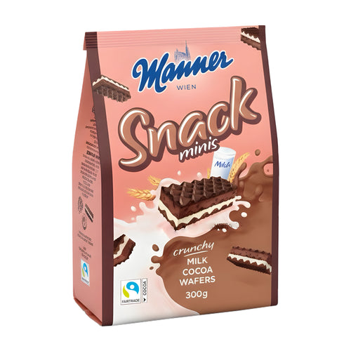 Manner Snack minis Milk Cocoa Wafer packaging with cocoa wafers on a pink background