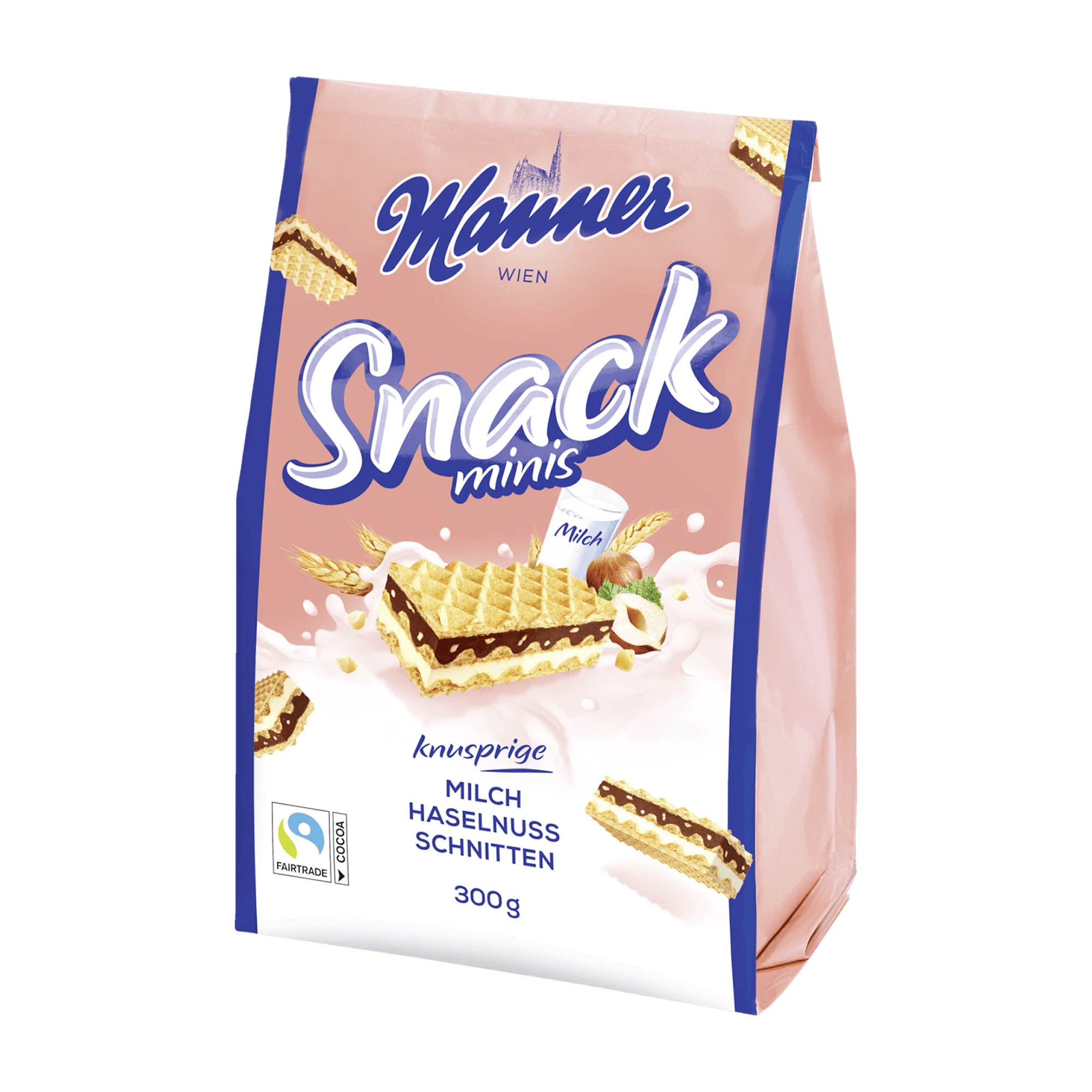 Manner Snack minis Milk Hazelnut Wafers packaging with pink background and wafer illustration