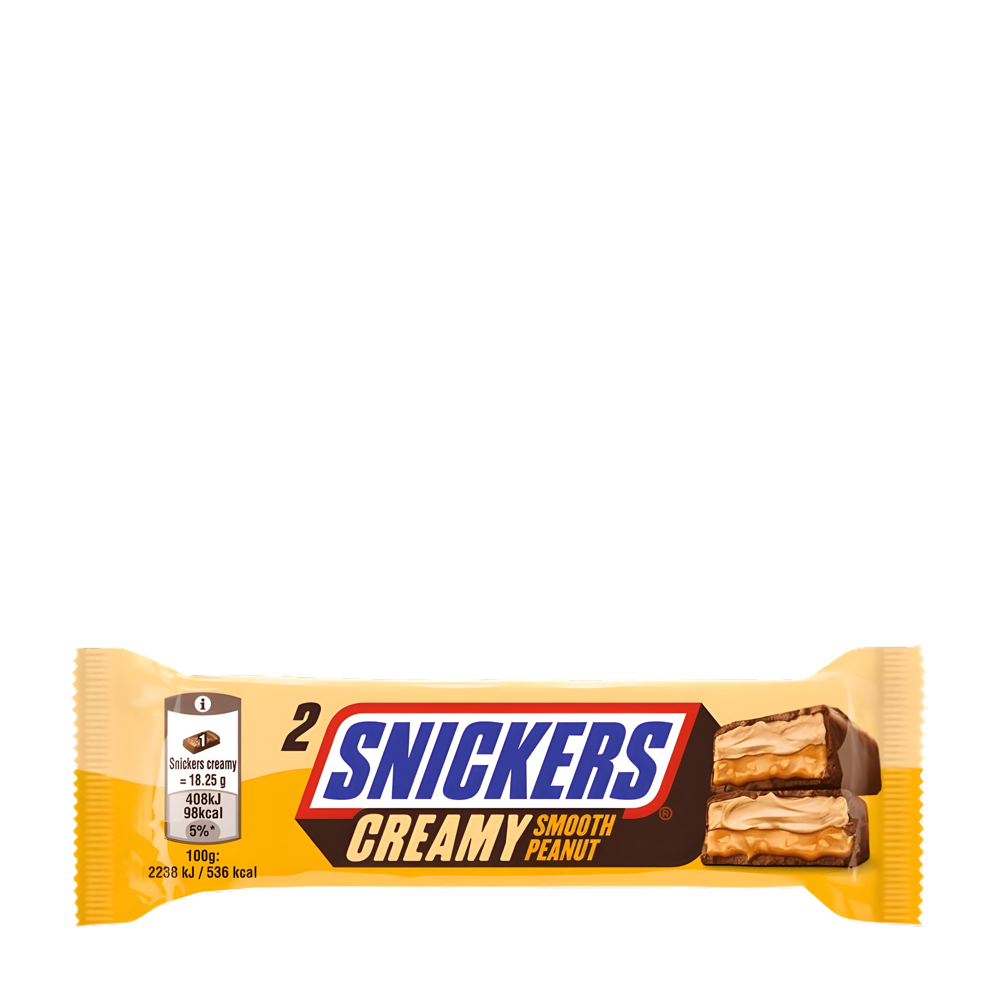 Snickers Creamy Smooth Peanut chocolate bar packaging on a white background.