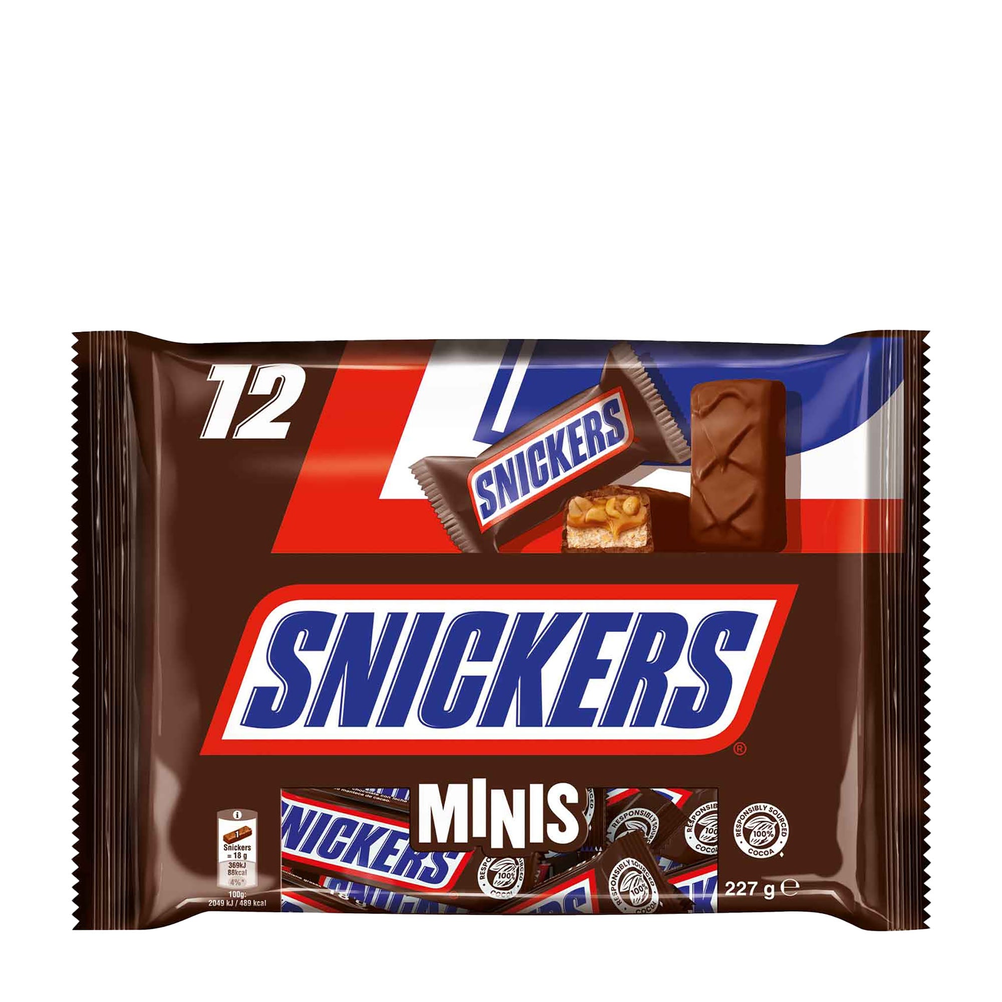Snickers minis chocolate bar package on a white background