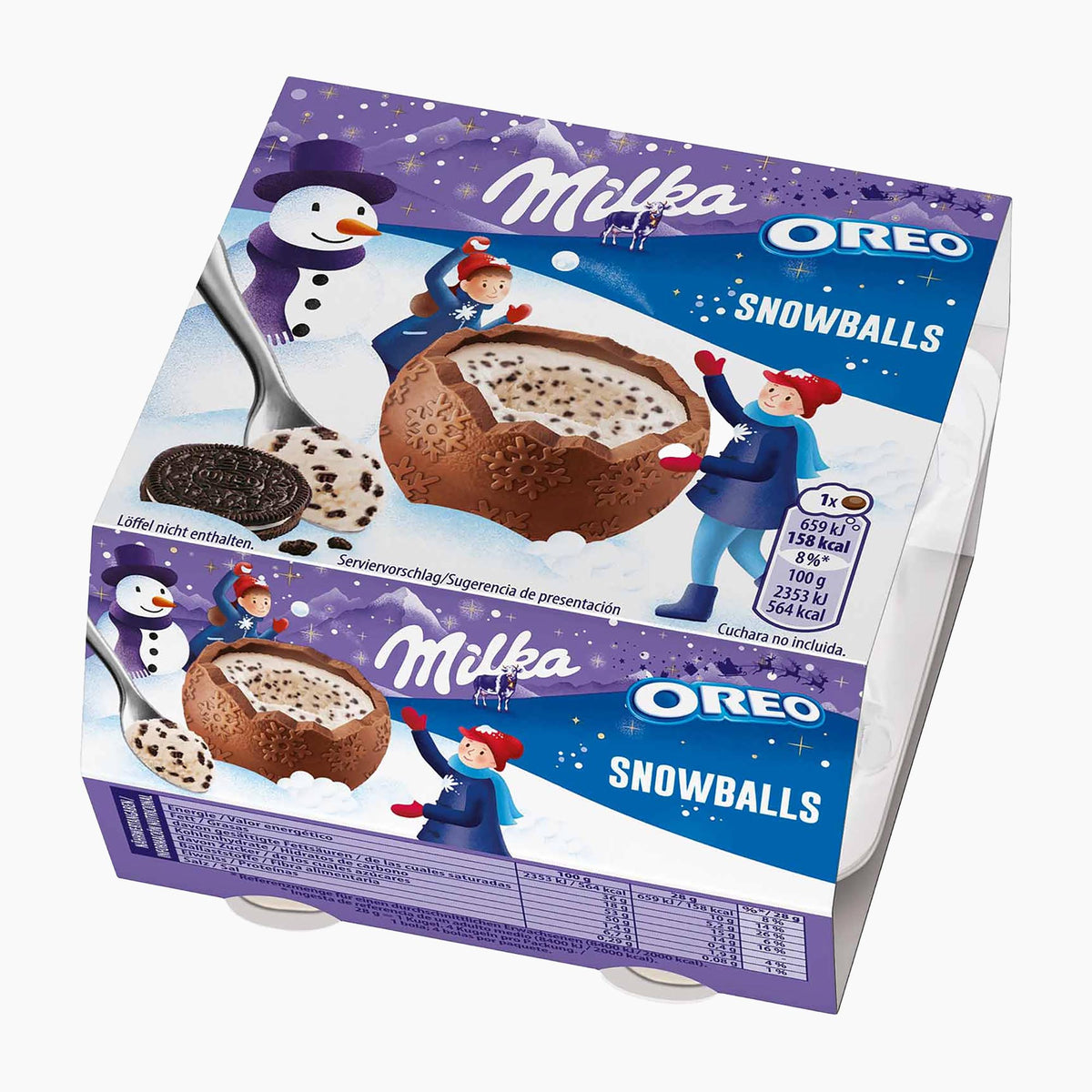 A boxed Milka Oreo Snowballs dessert product shown at an angle on a plain white studio background. The package is predominantly purple and blue with winter-themed illustrations, including a snowman, children, and a bowl of chocolate-covered ice cream spheres with cookie pieces.