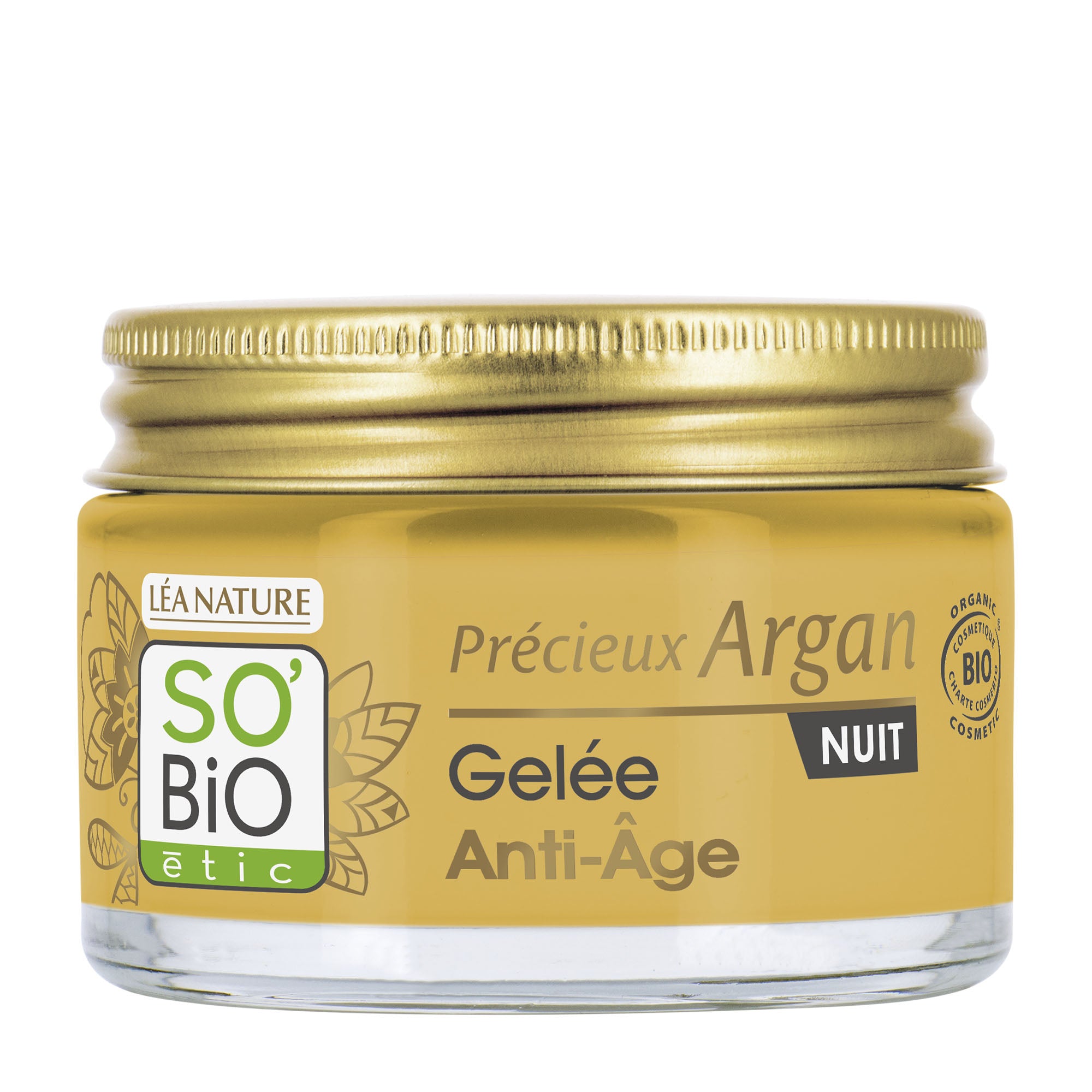 Jar of SO'BiO etic anti-aging night gel with gold lid on a white background