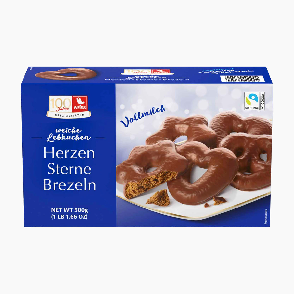 A 500g box of Weisse Heart Stars Pretzels Milk Chocolate covered Soft Gingerbread, featuring a blue packaging box with a photo of the treats on a white plate.