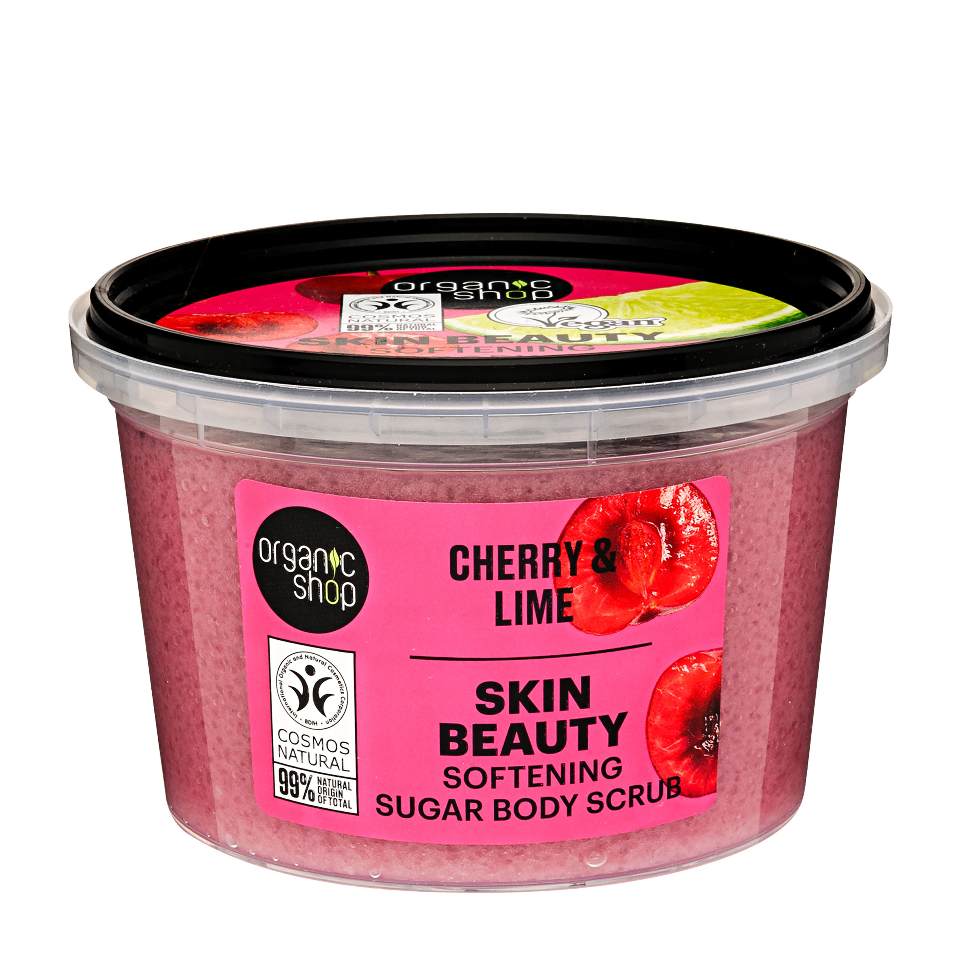 Organic Shop skin beauty softening sugar body scrub container with cherry and lime label on a white background