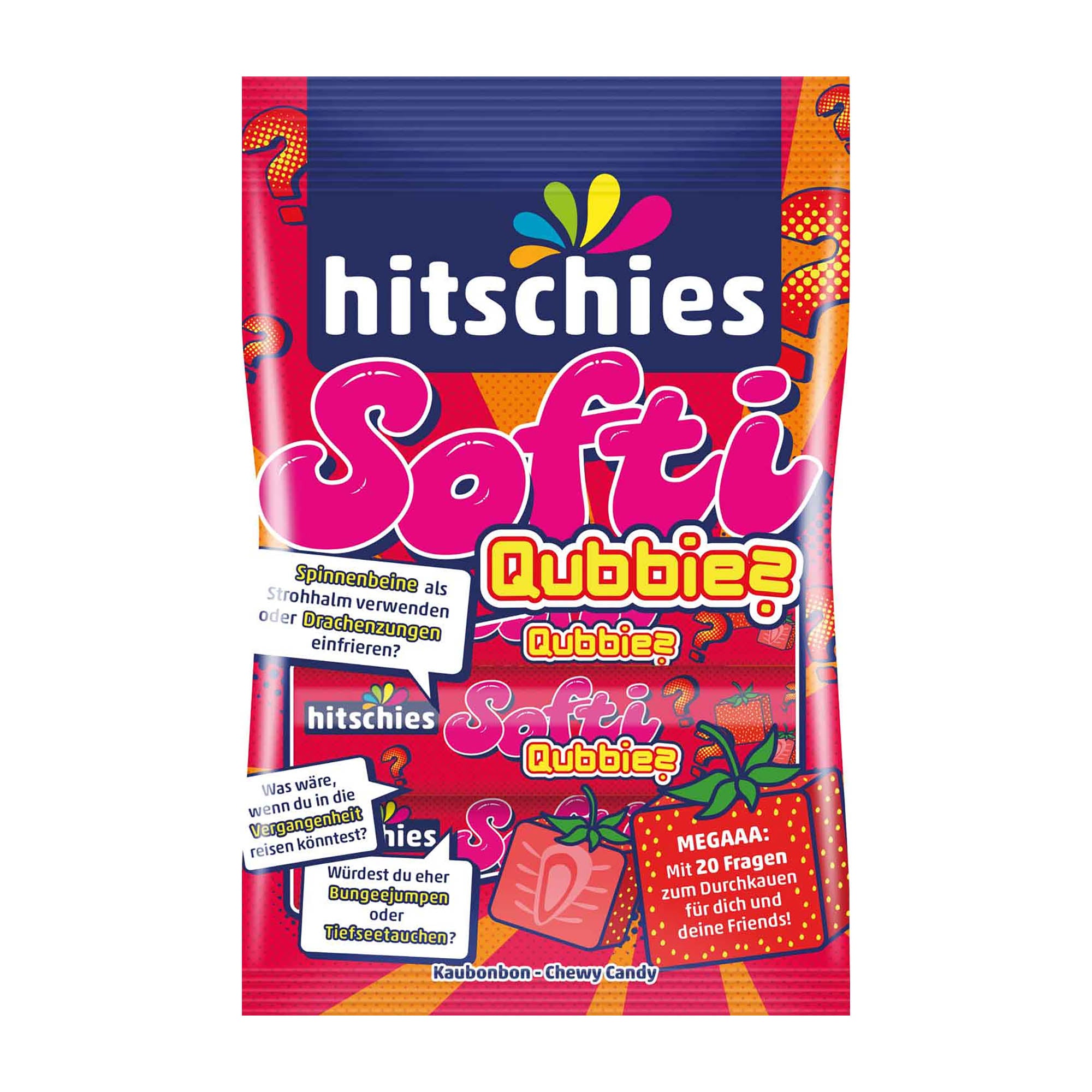 Packaging for hitschies Softi Qubbies strawberry chewy candy, showing the brand logo, product name, and additional text with a colorful background.