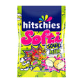 A package of hitschies Softi Sour Mix chewy candy, featuring graphics indicating fruit flavors and a fizzy sherbet center.