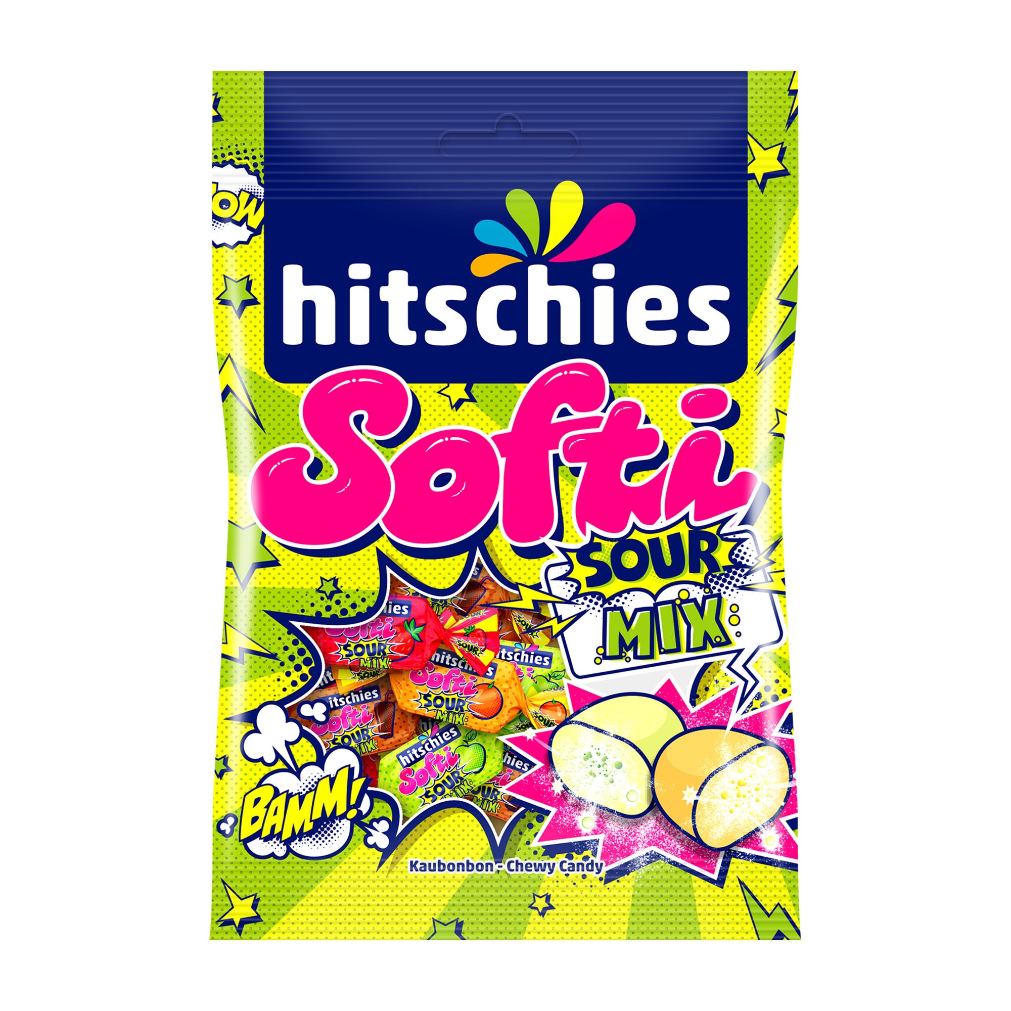 A package of hitschies Softi Sour Mix chewy candy, featuring graphics indicating fruit flavors and a fizzy sherbet center.