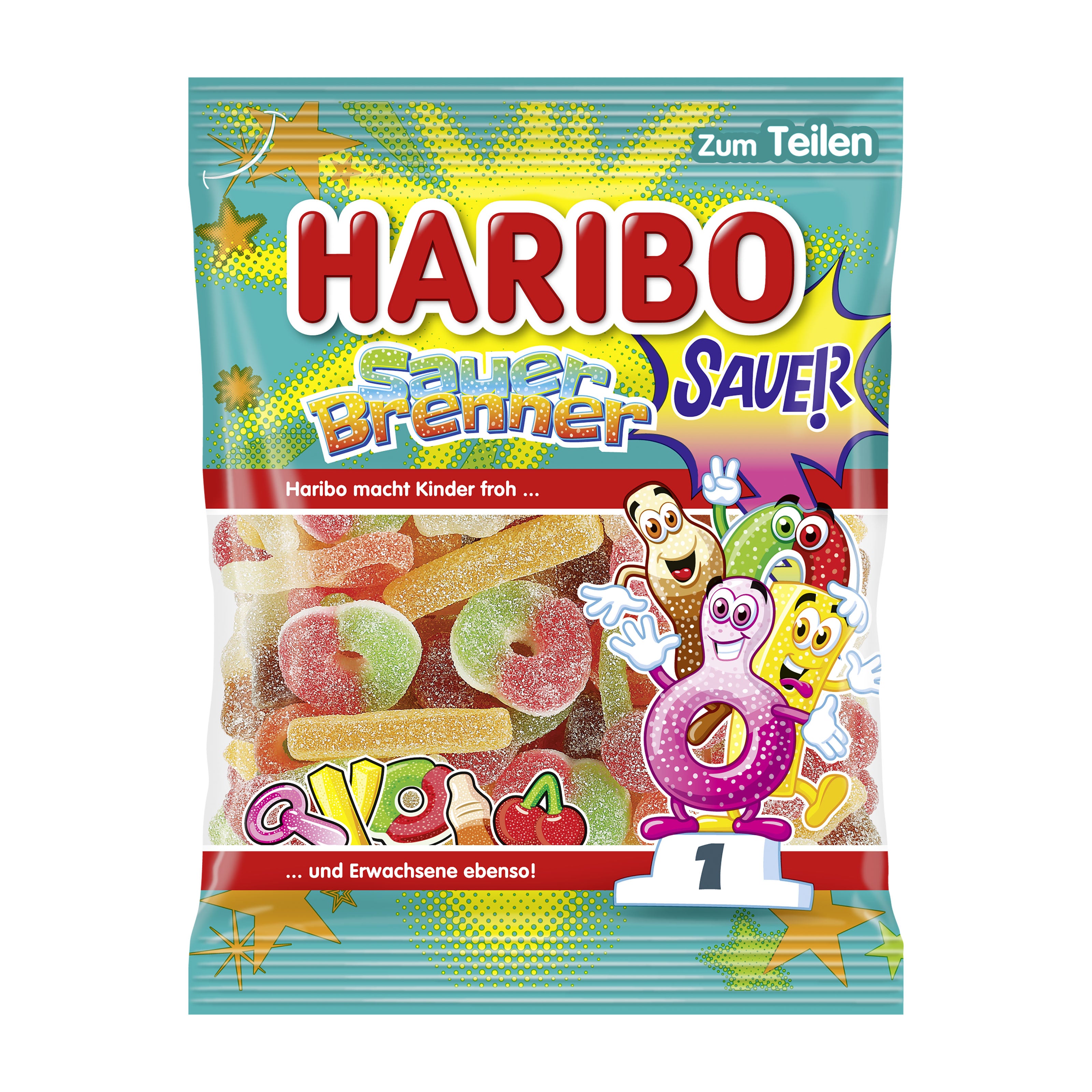 Haribo Sour Brenner gummy candy package with colorful design and cartoon characters.