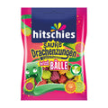 Packaging for hitschies Sour Dragon Tongues brizzl Balls, showing the product name and images of the candy, with colors and playful graphics.