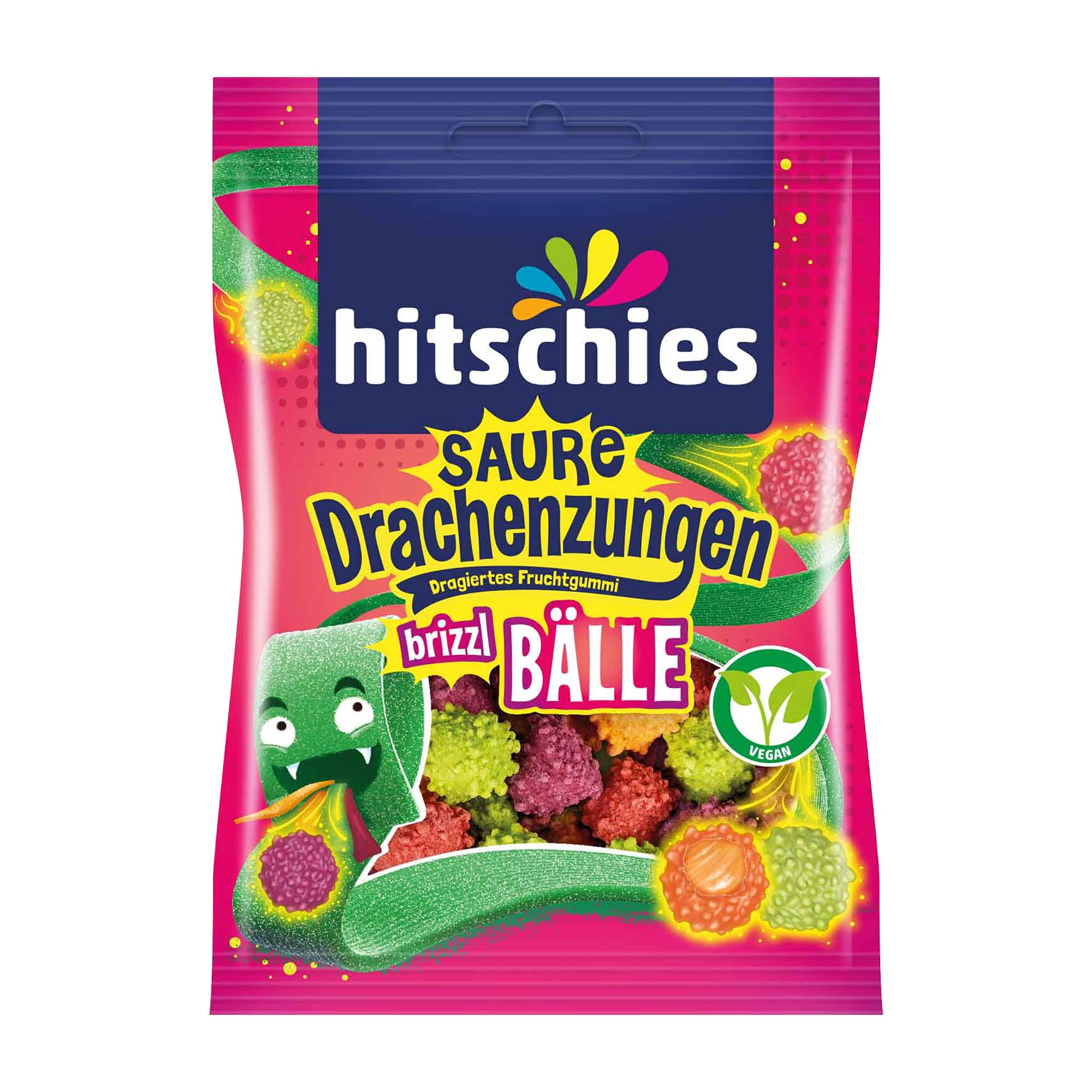 Packaging for hitschies Sour Dragon Tongues brizzl Balls, showing the product name and images of the candy, with colors and playful graphics.