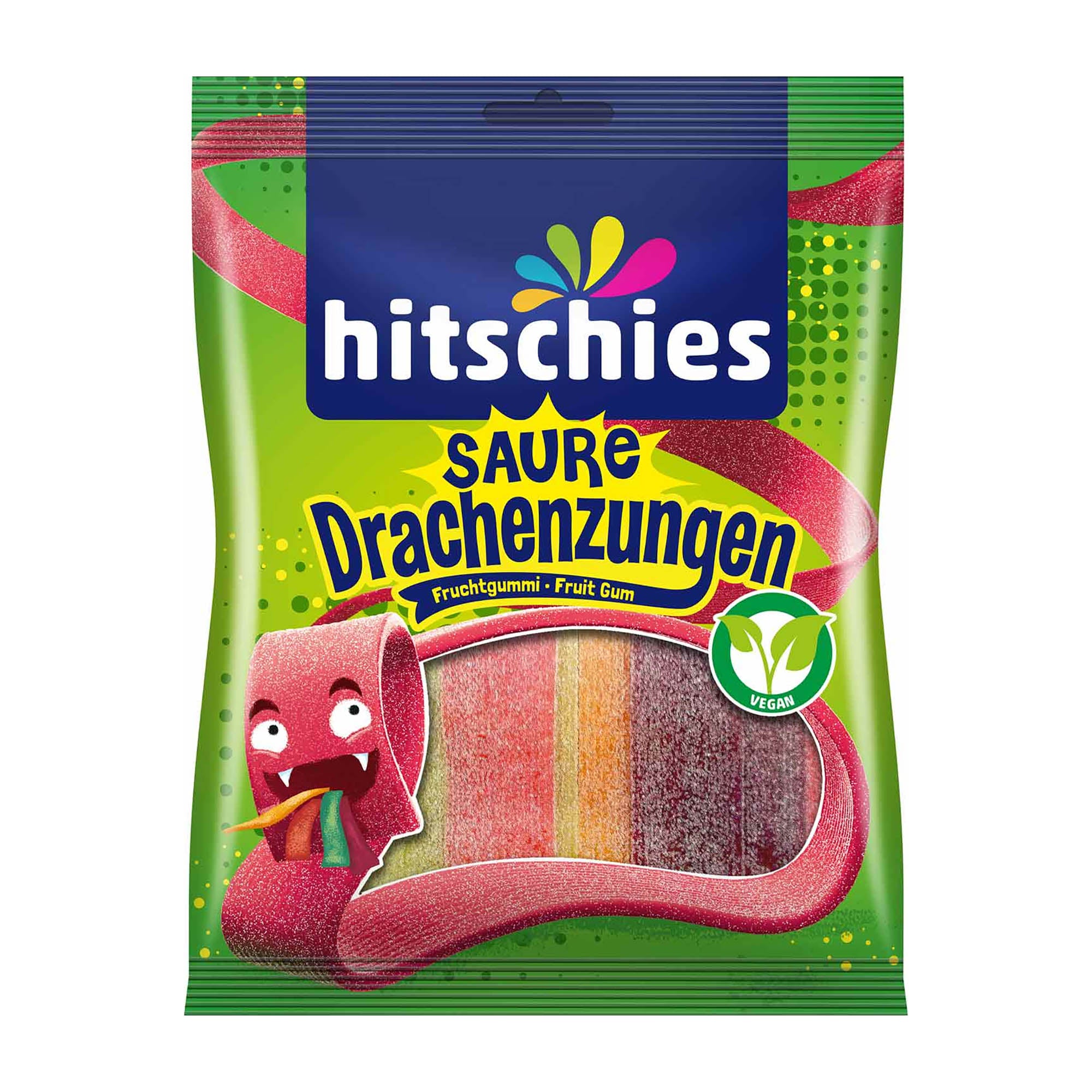 A package of hitschies Sour Dragon Tongues mix, featuring an illustration of a dragon and the gummy candies in the package.