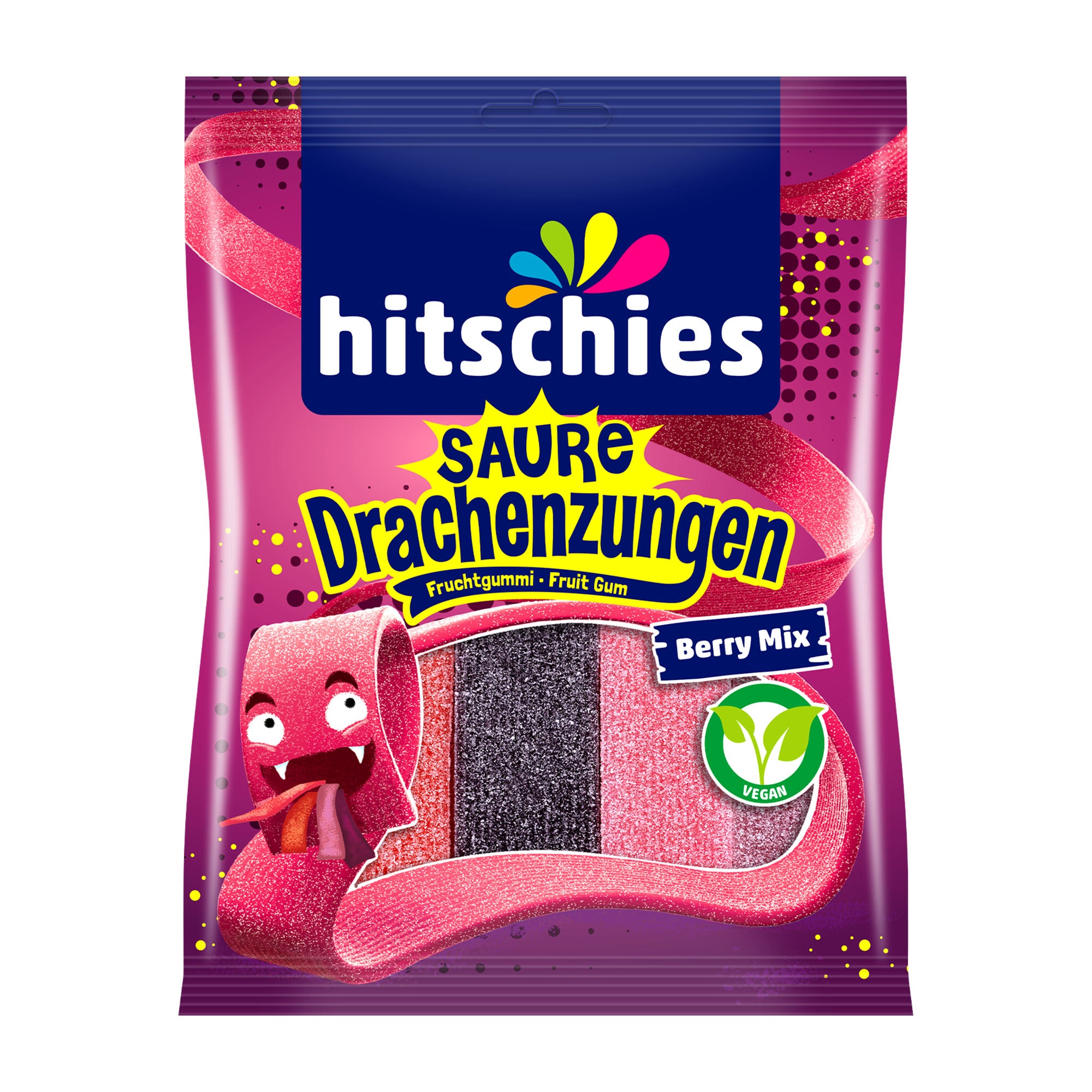 hitschies Sour Dragon Tongues berry mix gummy candy package with colorful design