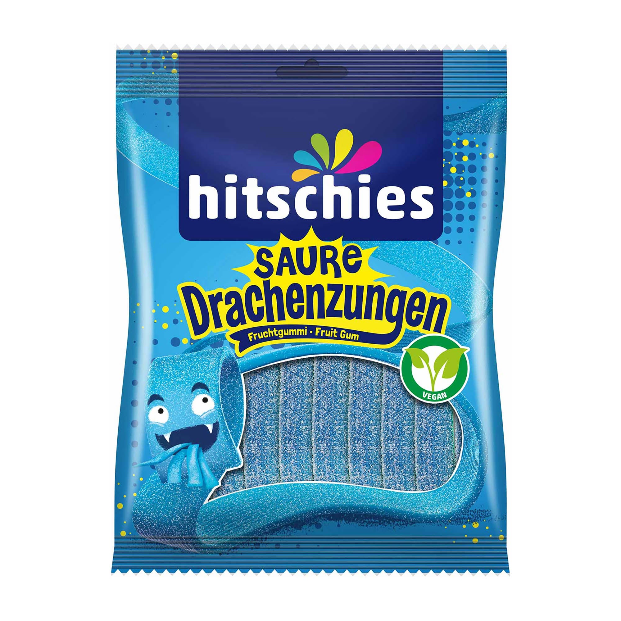 Packaging for hitschies Sour Dragon Tongues blue fruit gummy candy, featuring an illustration of a dragon and text indicating the product is vegan-friendly.