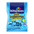 Blue packaging of hitschies Sour Dragon Tongues Brizzl Balls Blue candy with colorful text and graphics on a white background