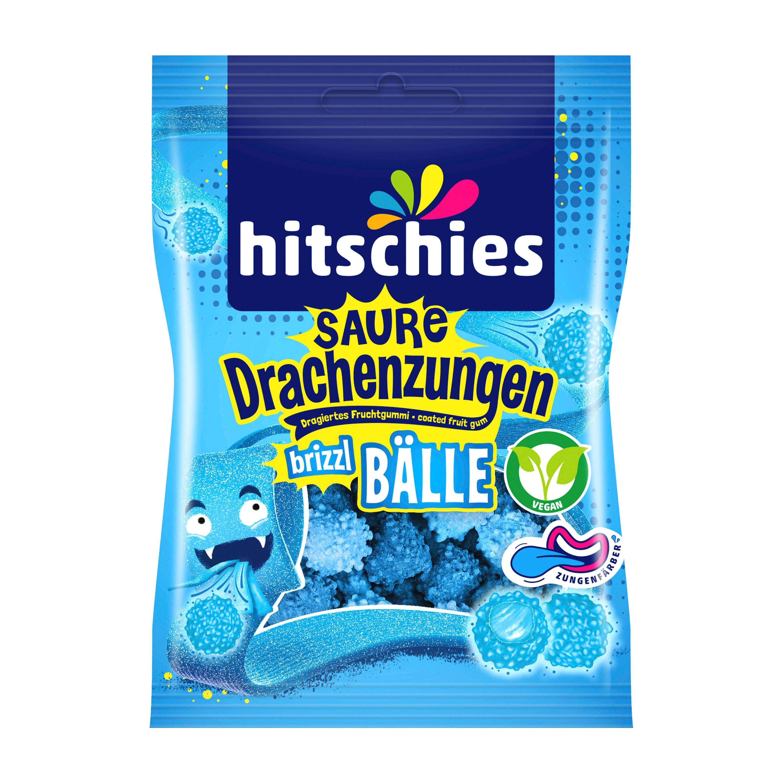 Blue packaging of hitschies Sour Dragon Tongues Brizzl Balls Blue candy with colorful text and graphics on a white background