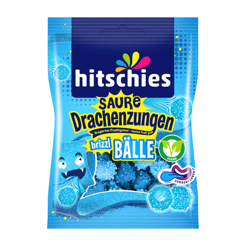 Blue packaging of hitschies Sour Dragon Tongues Brizzl Balls Blue candy with colorful text and graphics on a white background
