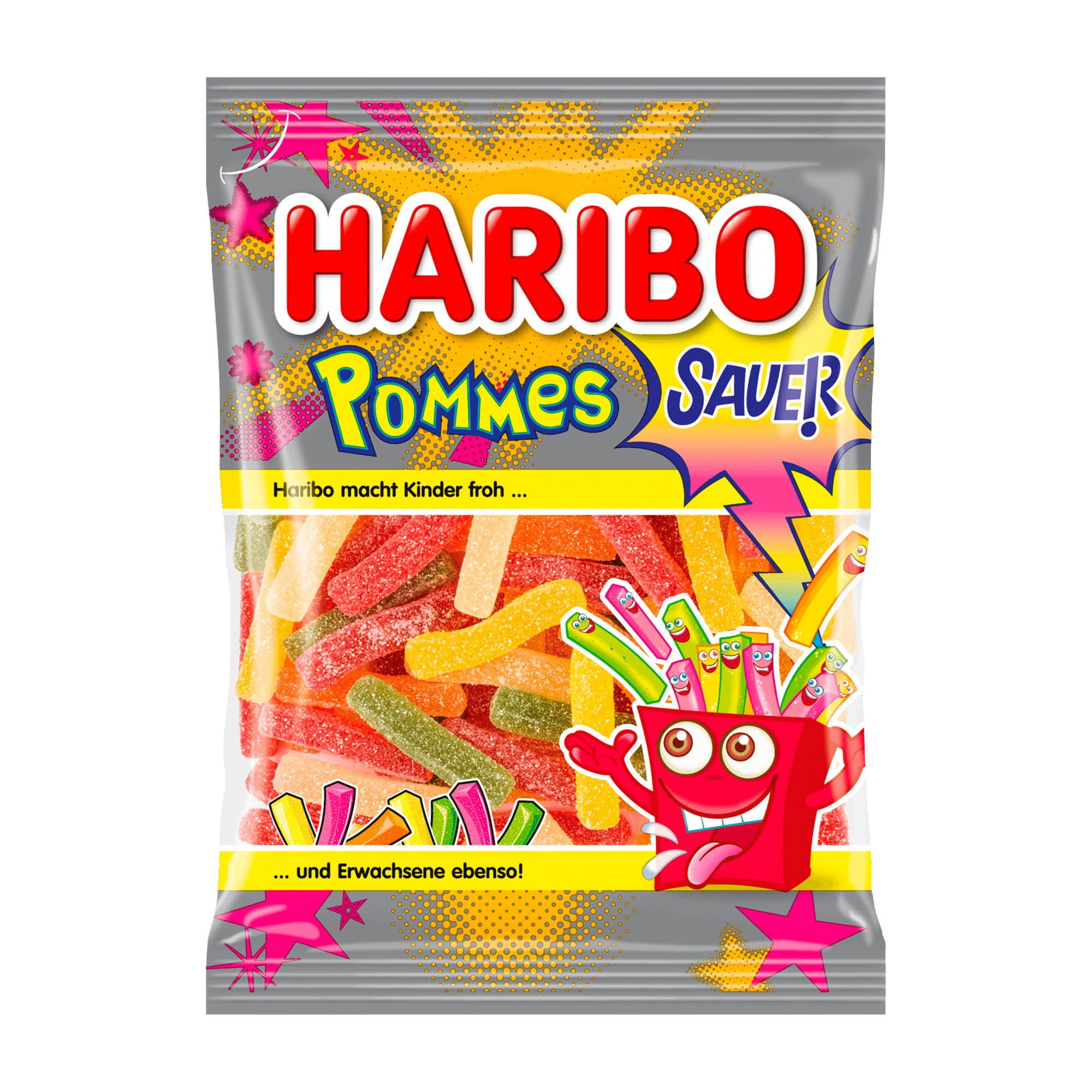 Haribo Sour Fries gummy candy packaging on a white background.