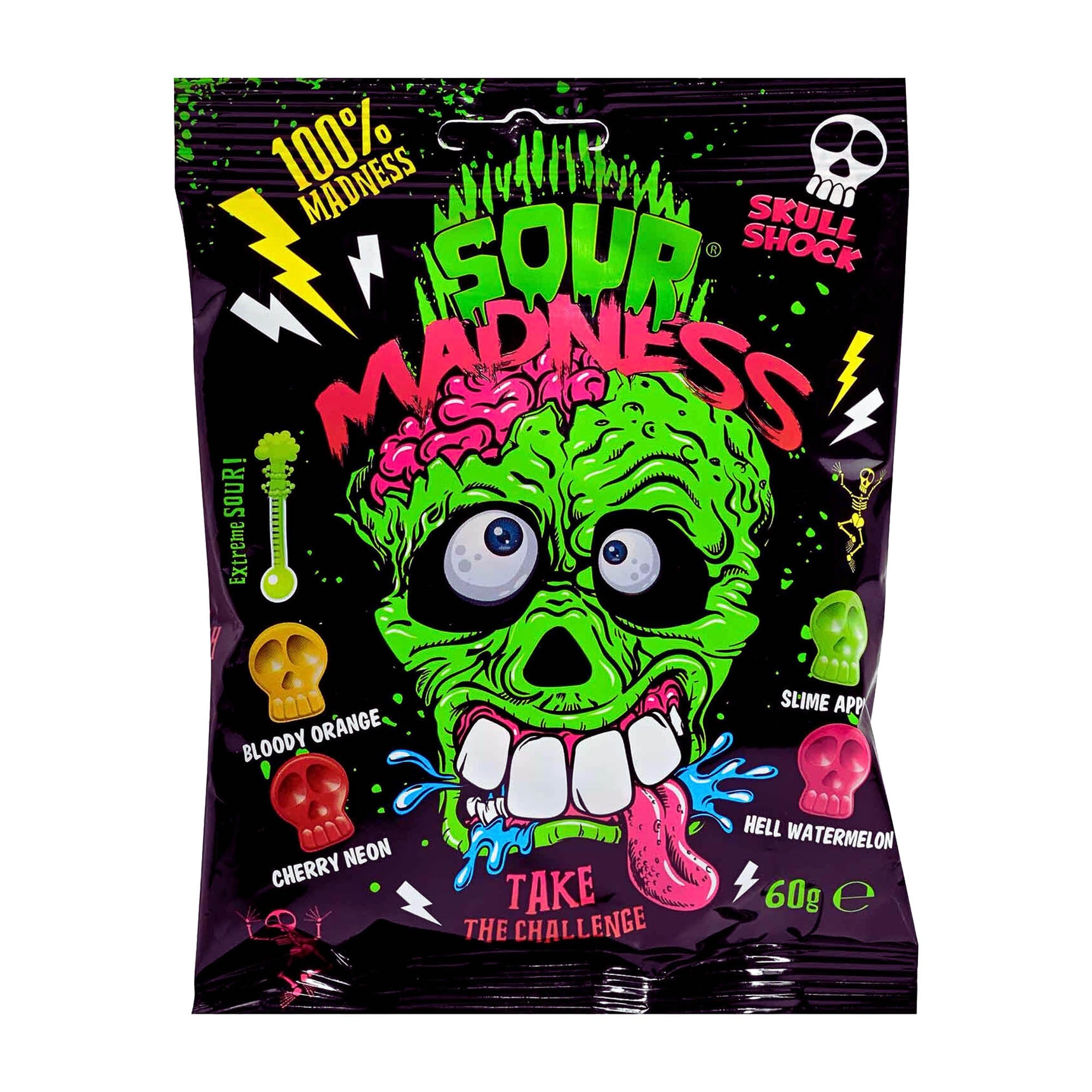 A package of Sour Madness extra sour candies featuring a skull design with various fruit flavors such as Bloody Orange, Neon Cherry, Slime Apple, and Hell Watermelon.