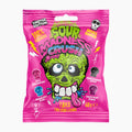 A 60g bag of Sour Madness Crush gummy candy in a bright pink packaging with a green zombie graphic and flavor icons for Wild Strawberry, Blueberry Fizz, Pomegranate Burst, and Grapefruit Punch.
