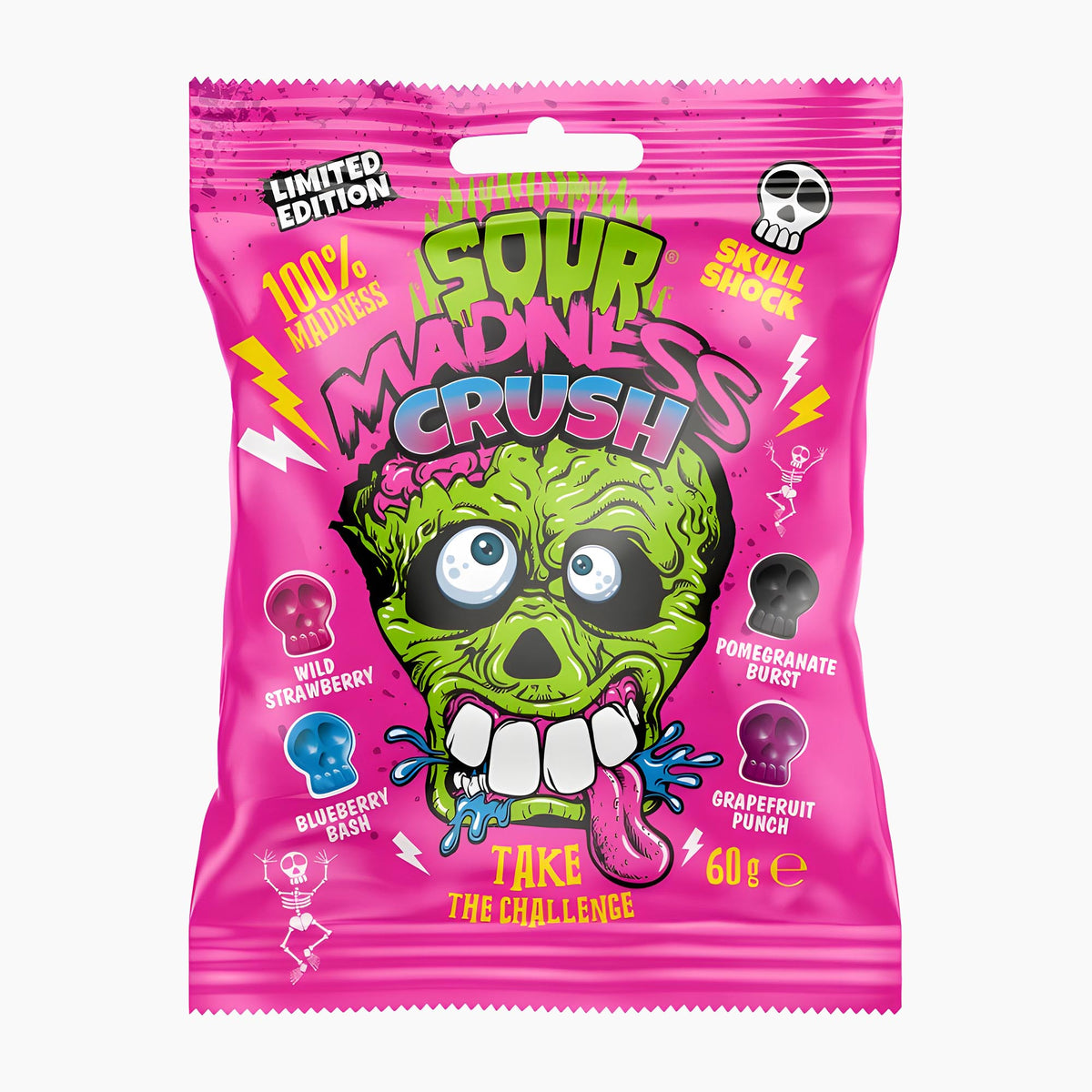A 60g bag of Sour Madness Crush gummy candy in a bright pink packaging with a green zombie graphic and flavor icons for Wild Strawberry, Blueberry Fizz, Pomegranate Burst, and Grapefruit Punch.